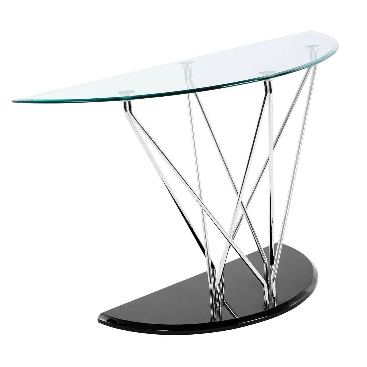 Glass console table with chrome legs and black semicircle base