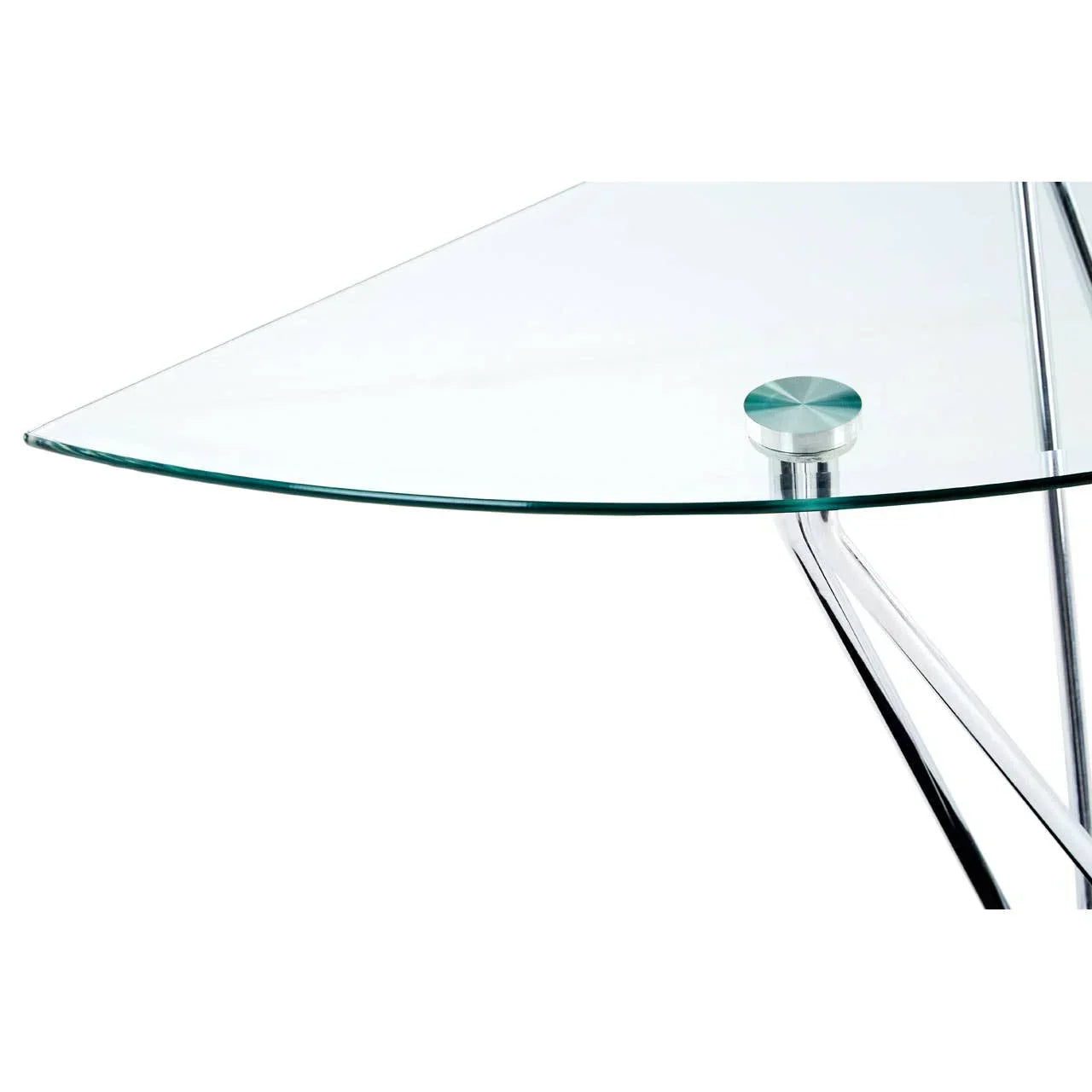 Corner glass table top with chrome legs and support detail