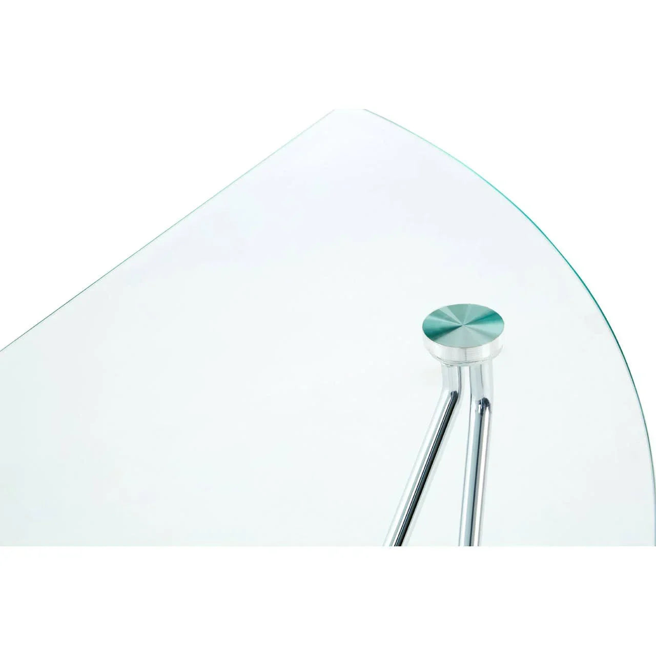 Glass table top with chrome support and rounded edge corner detail