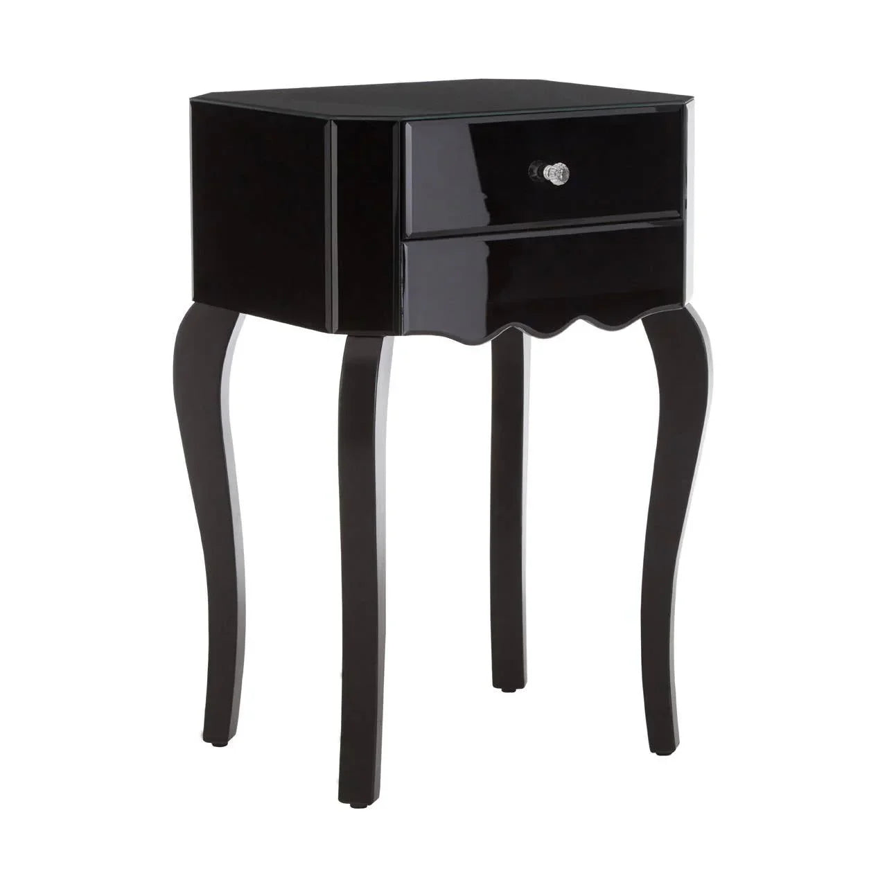 Black bedside table with curved legs and single drawer, glossy finish
