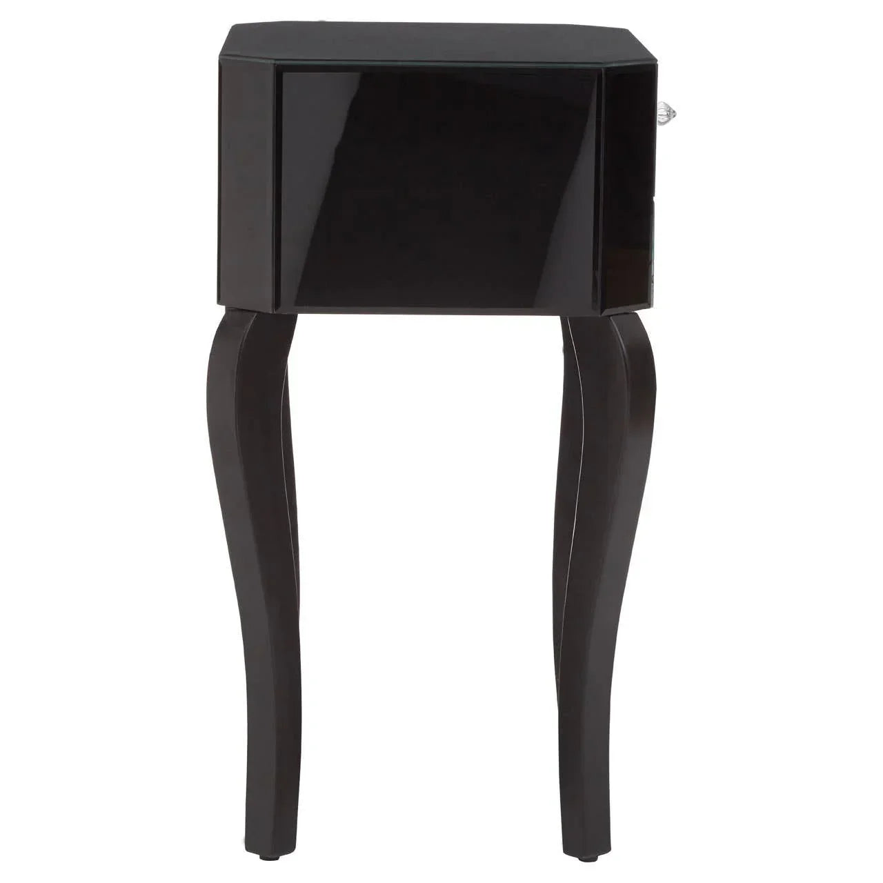 Black gloss bedside table with single drawer and curved legs, front angle view