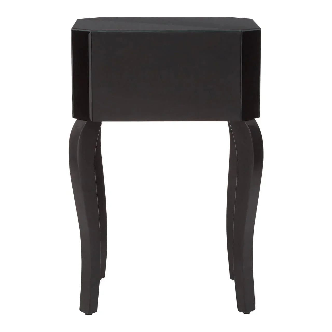 Black wooden bedside table with curved legs and smooth finish, front view