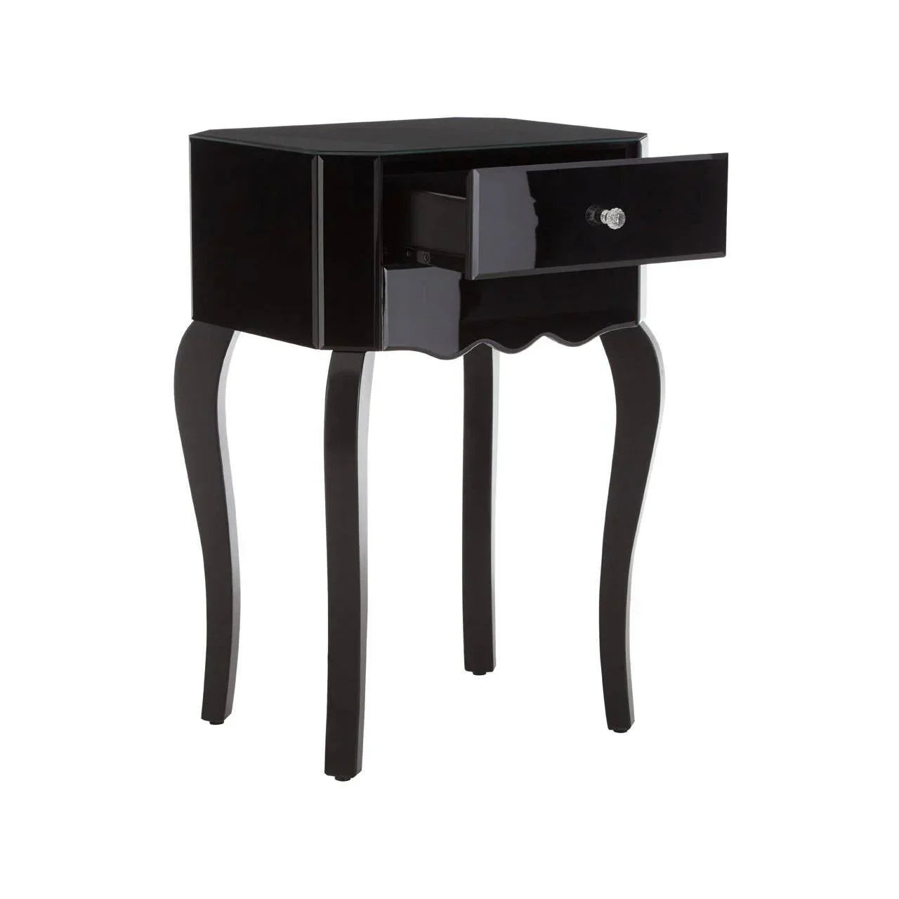 Black bedside table with scalloped apron, cabriole legs and single open drawer