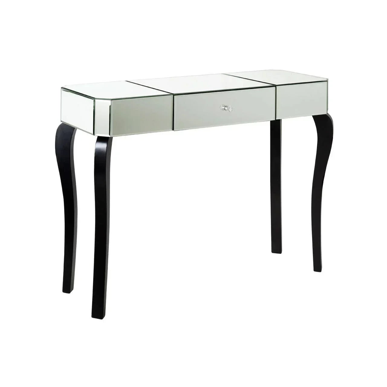Mirrored console table with single drawer and black curved legs on white background