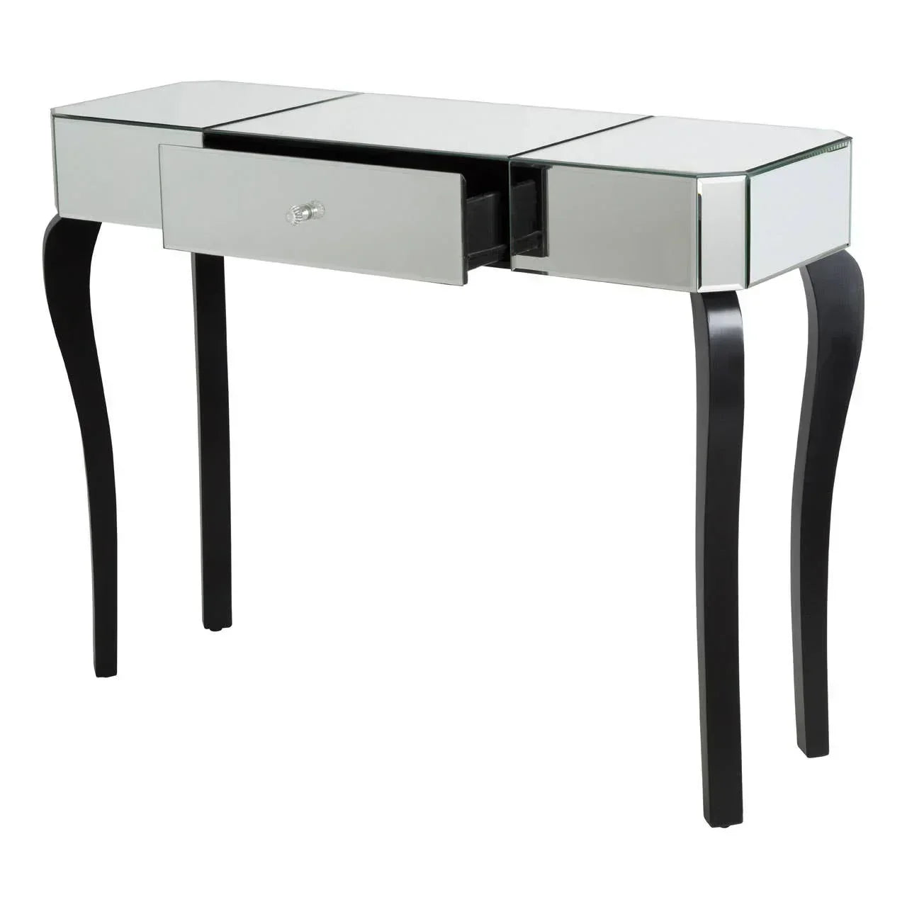 Mirrored console table with single open drawer and curved black legs