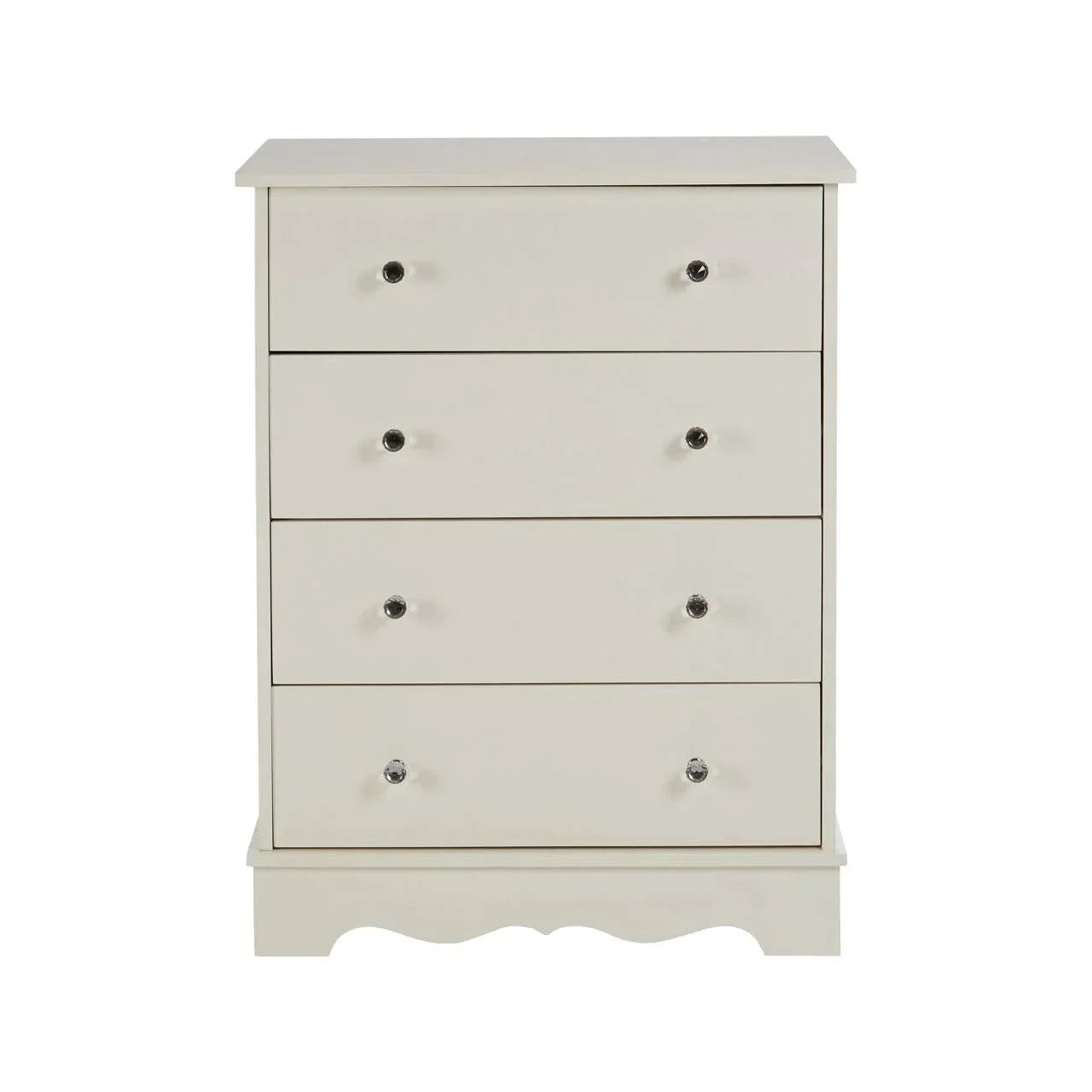 White chest of drawers with four drawers and round metal handles, front view