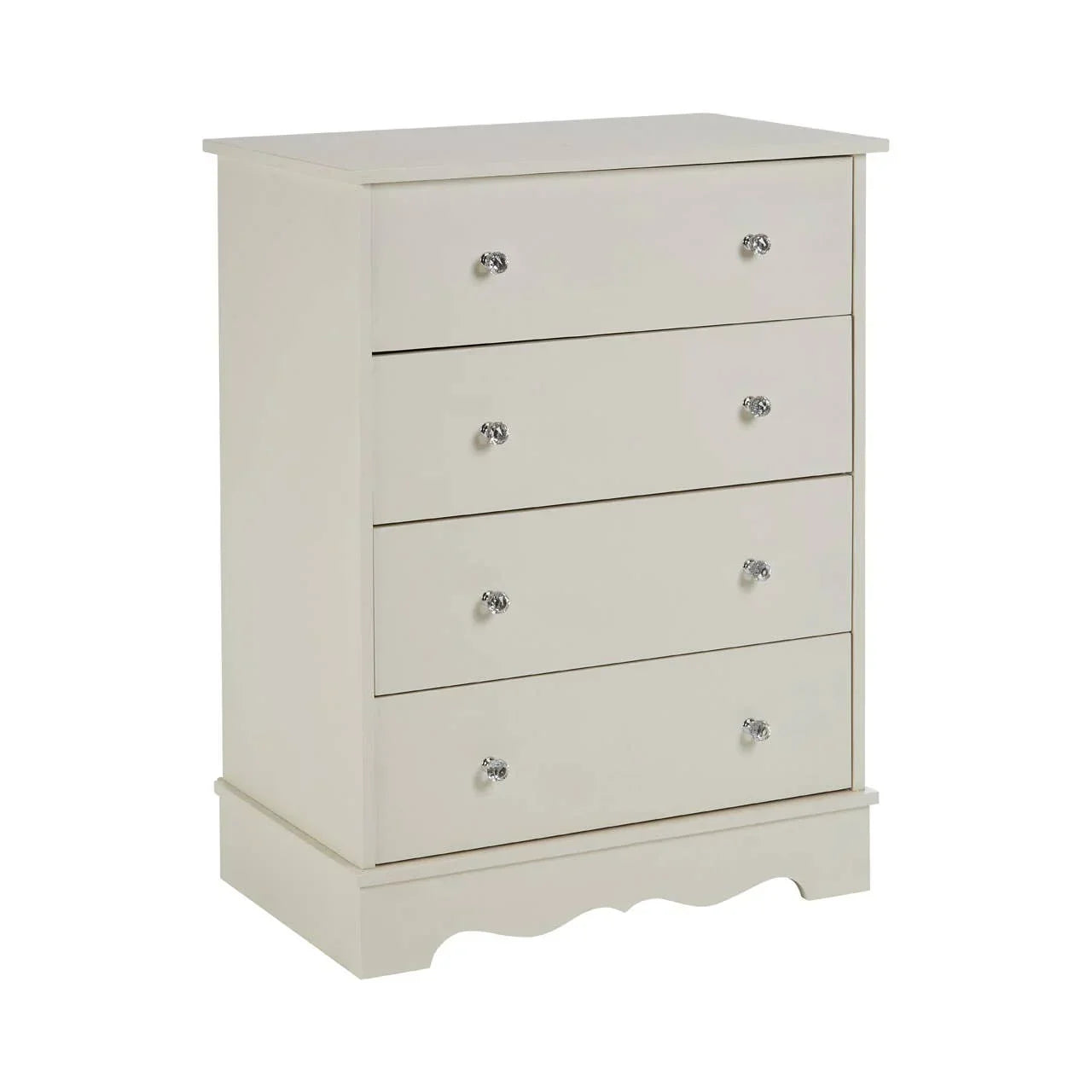 White chest of drawers with four drawers and crystal knobs, scalloped base detail