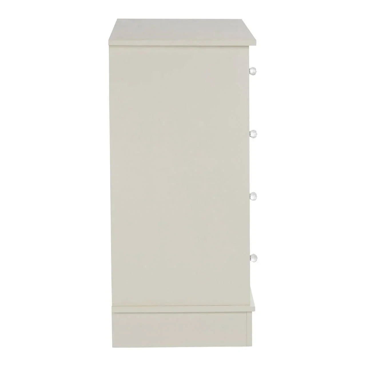 Side view of cream chest of drawers with crystal handles, showing flat panel design
