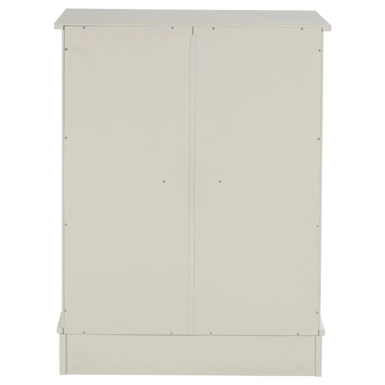 Plain white wooden storage cabinet with double doors, viewed from the front