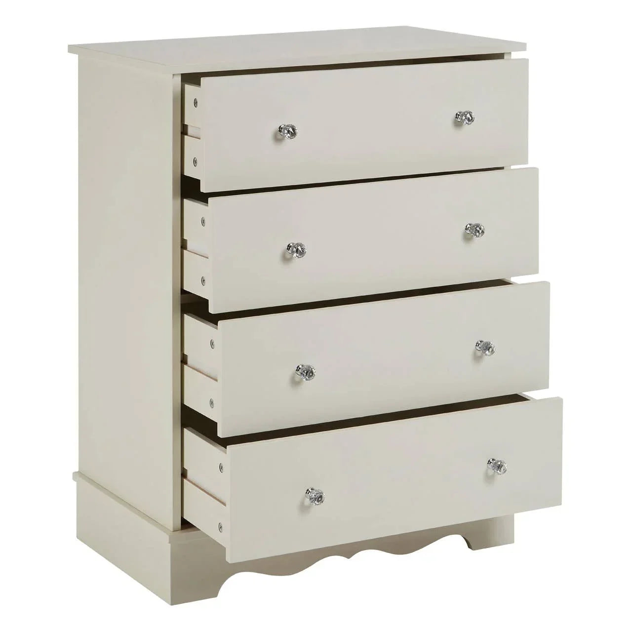 Cream chest of drawers with four open drawers and crystal style handles
