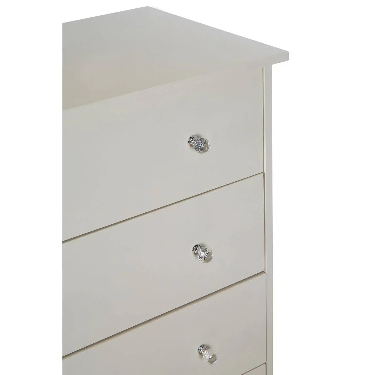 White chest of drawers with crystal knobs, close-up of top three drawer fronts