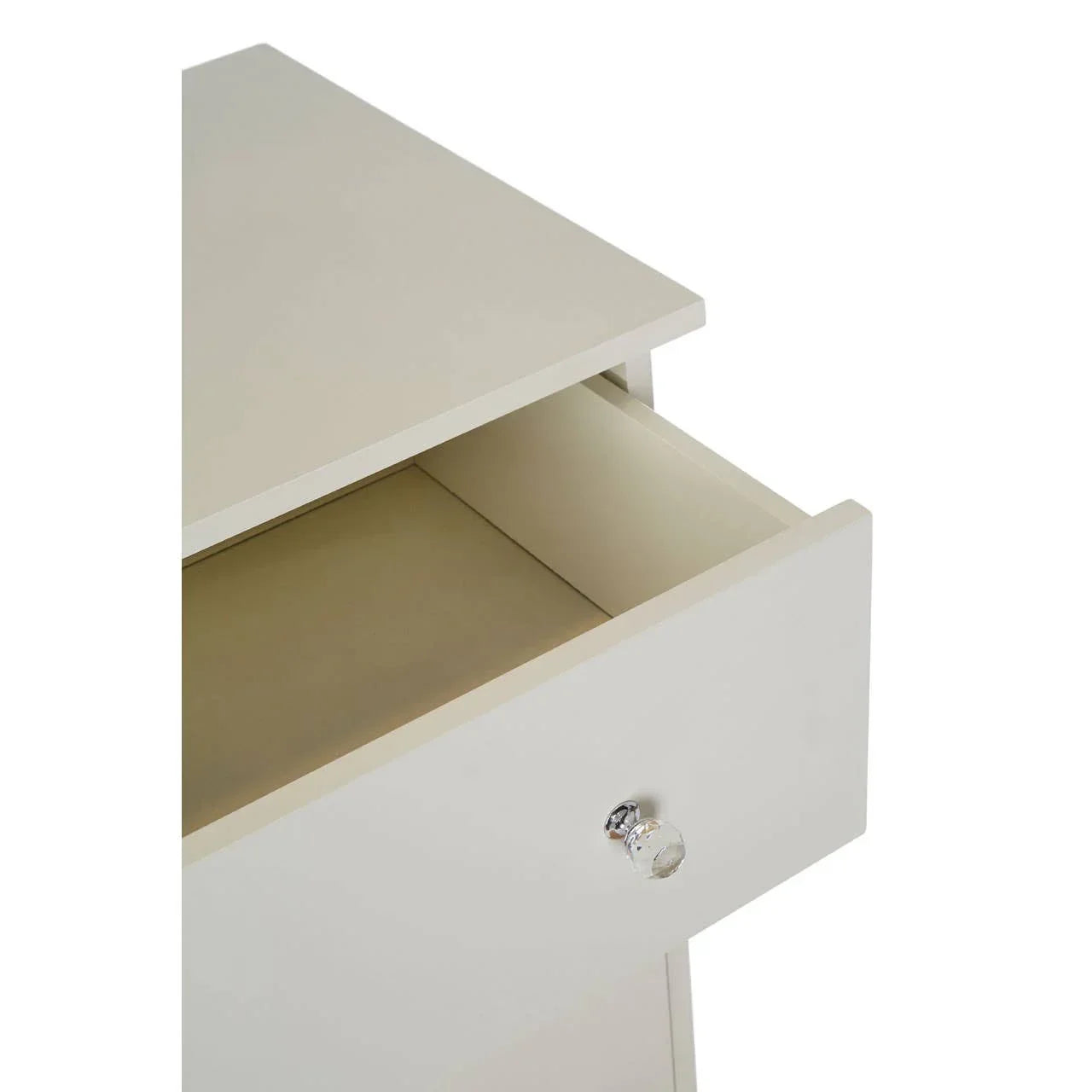 Cream bedside table with crystal handle and open top drawer, angled view