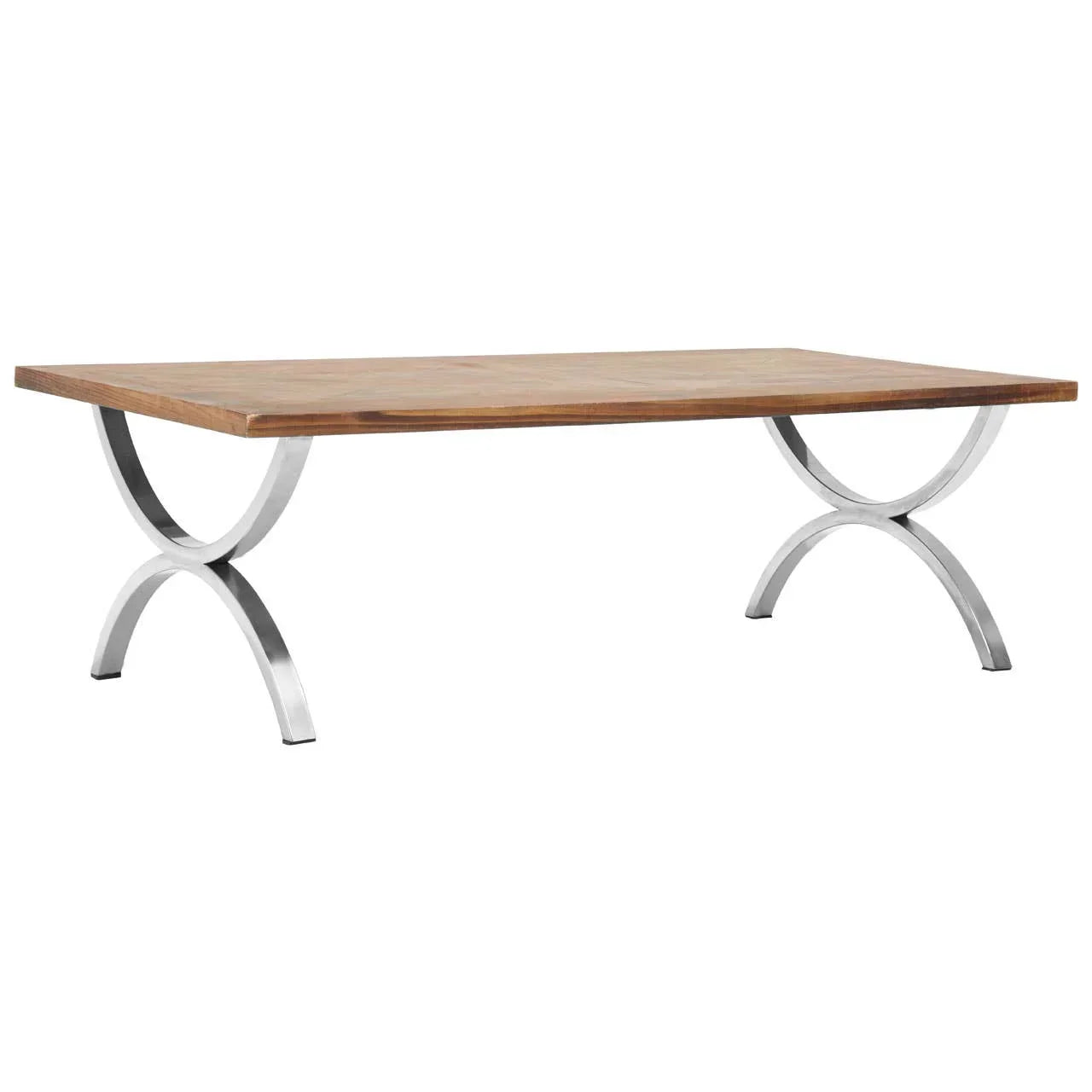 Rectangular wooden coffee table with silver metal curved legs, contemporary design
