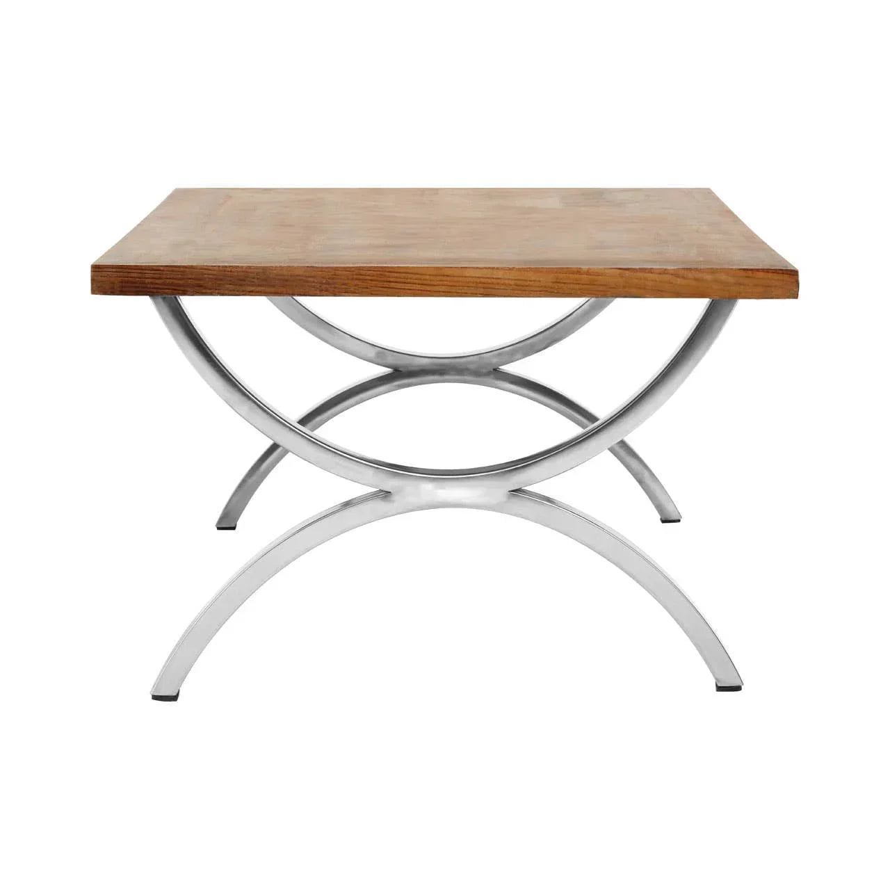 Square coffee table with wooden top and curved chrome legs, front view