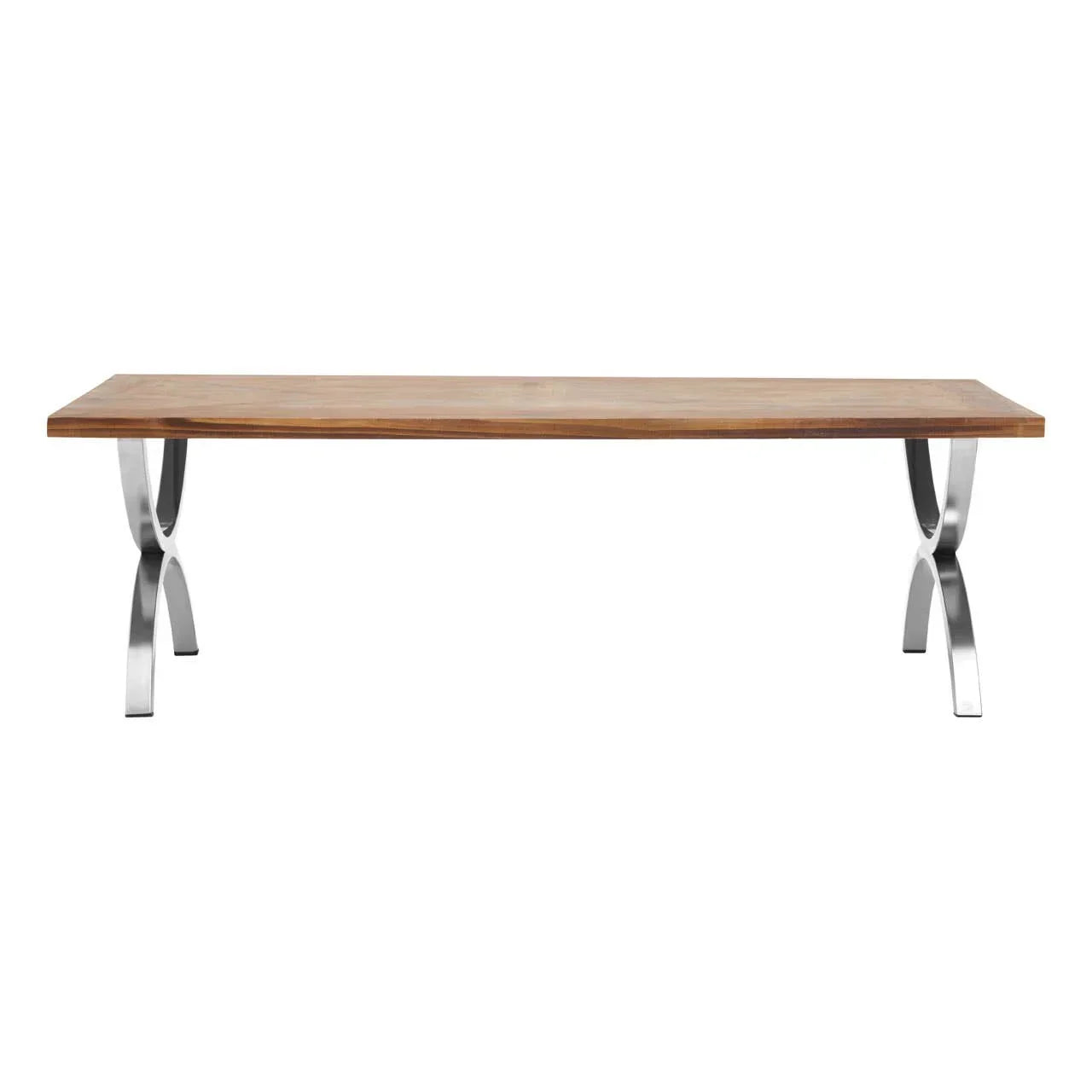 Rectangular wooden dining table with stainless steel legs, front view