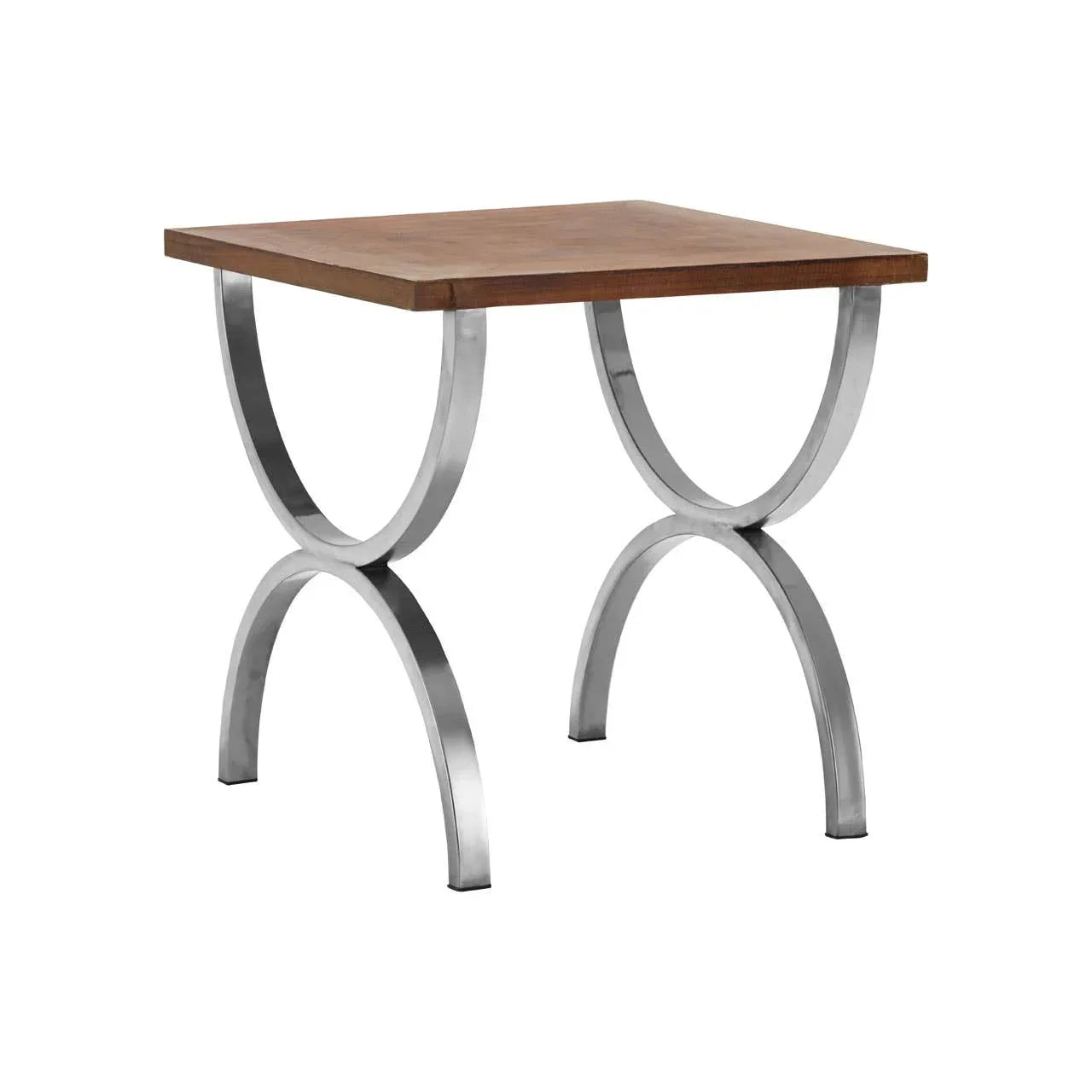 Square wooden side table with curved chrome legs on white background