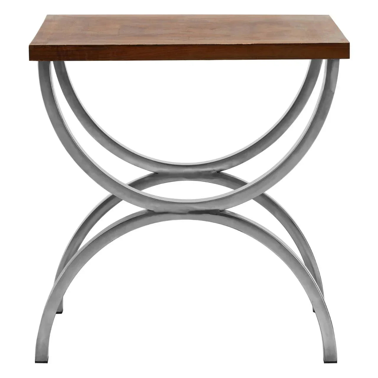 Contemporary side table with rectangular wooden top and curved silver metal base