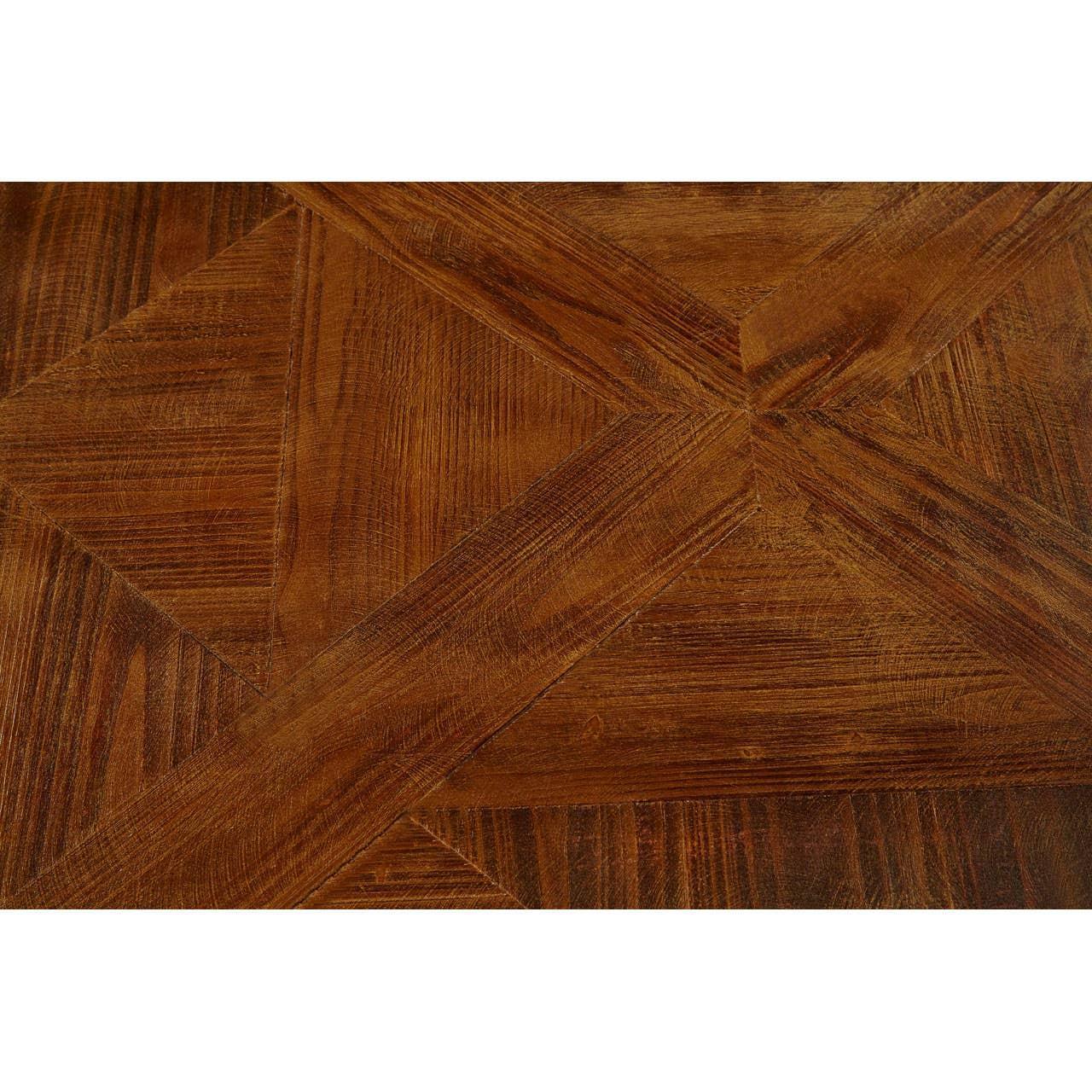 Close up of patterned solid wood dining table top with rich brown finish