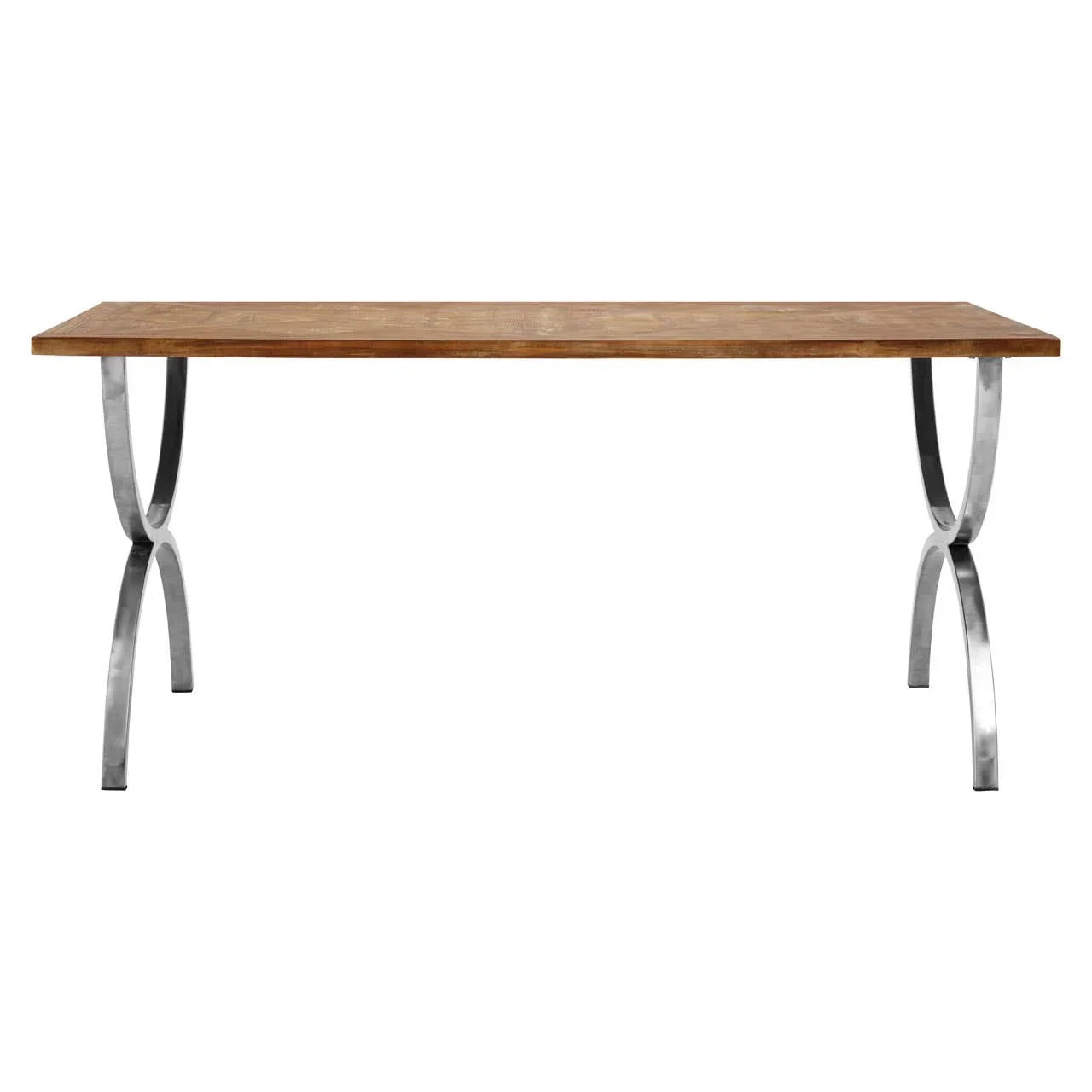 Rectangular wood dining table with metal curved legs, modern design, front view