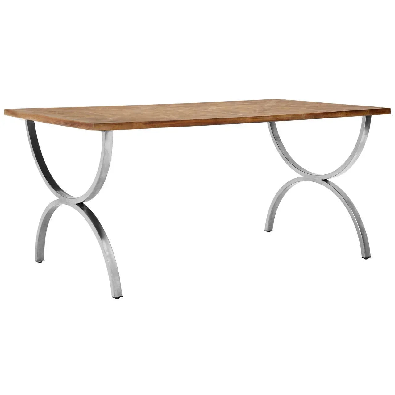 Rectangular wooden dining table with metal curved legs on white background