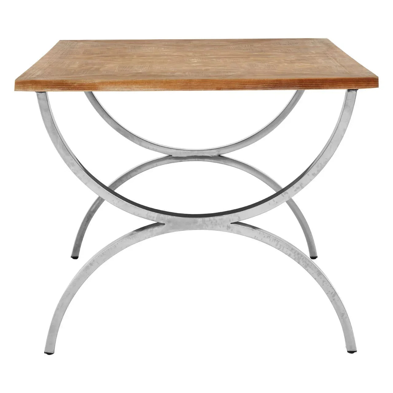 Square wooden dining table with metal curved legs, front view