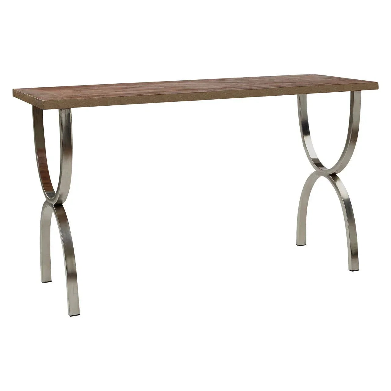 Modern console table with wooden top and curved stainless steel legs