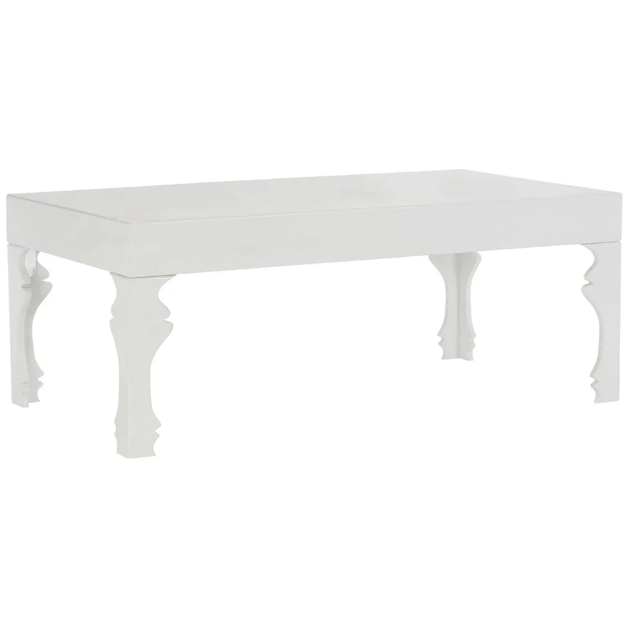 White wooden coffee table with decorative carved legs on white background