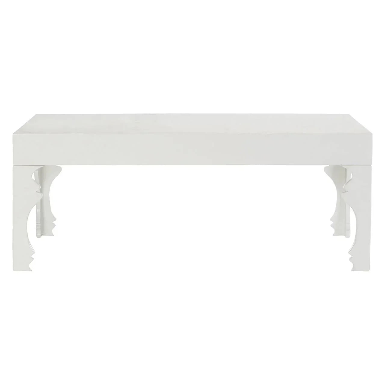 White coffee table with decorative carved legs, front view