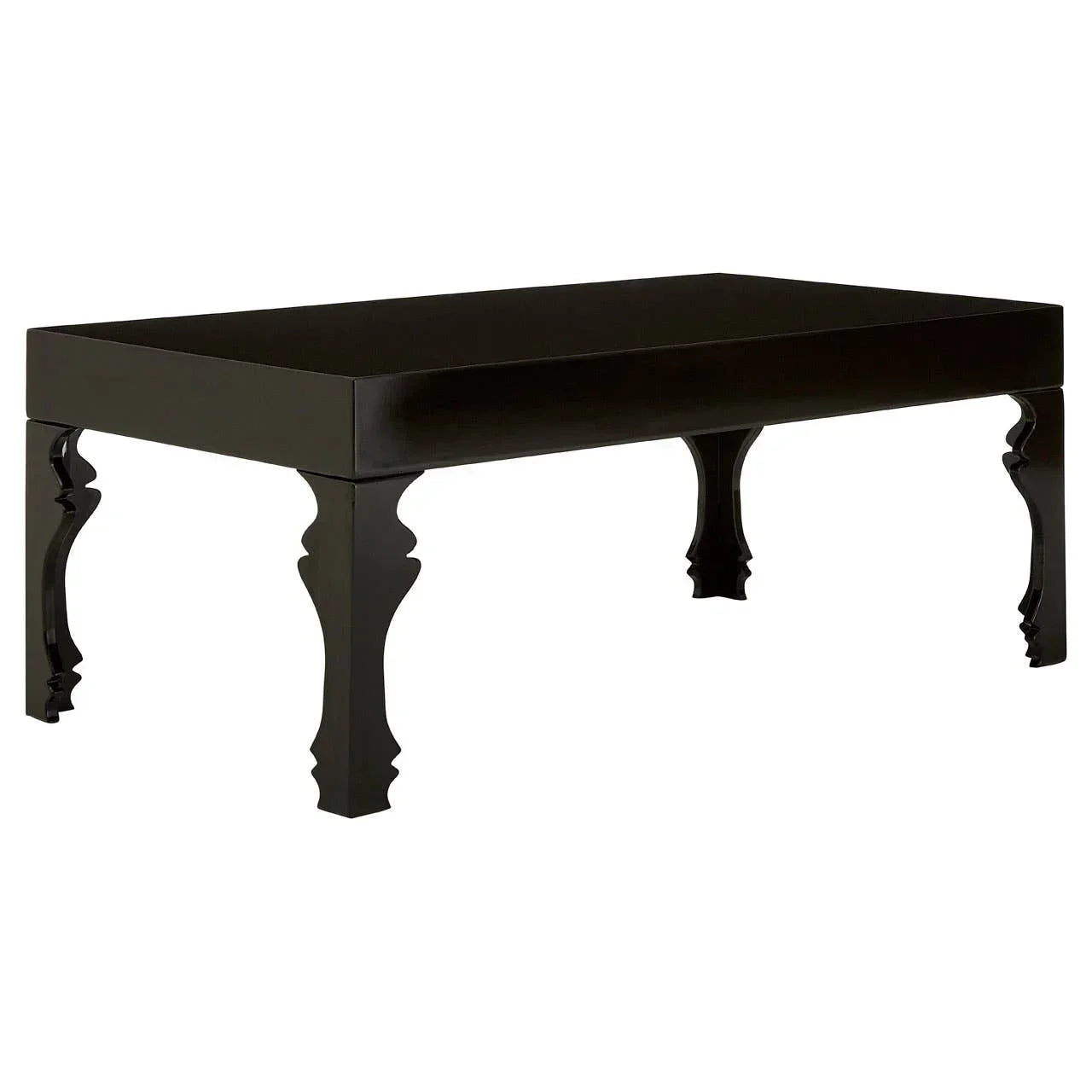 Black coffee table with ornate carved legs on white background