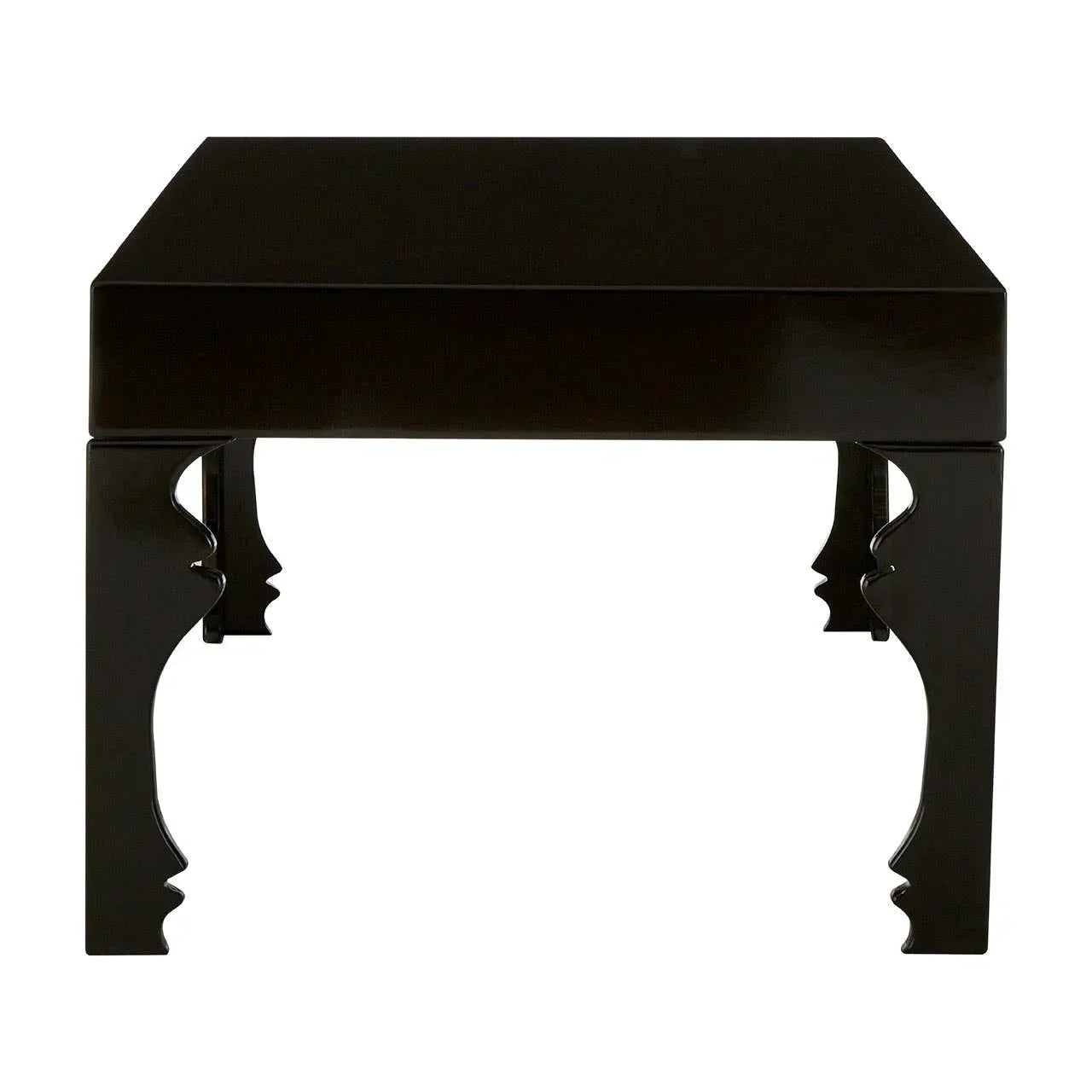 Black wooden side table with square top and sculpted profile legs, front view