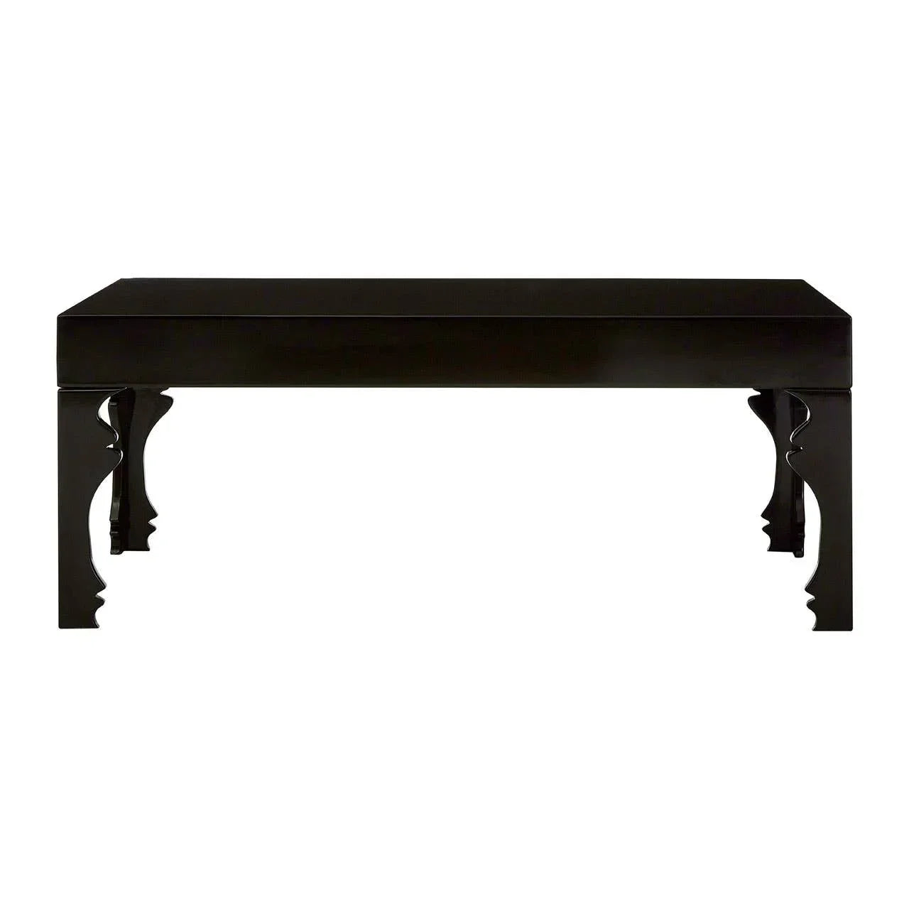 Black wooden coffee table with carved legs, shown from the front on white background