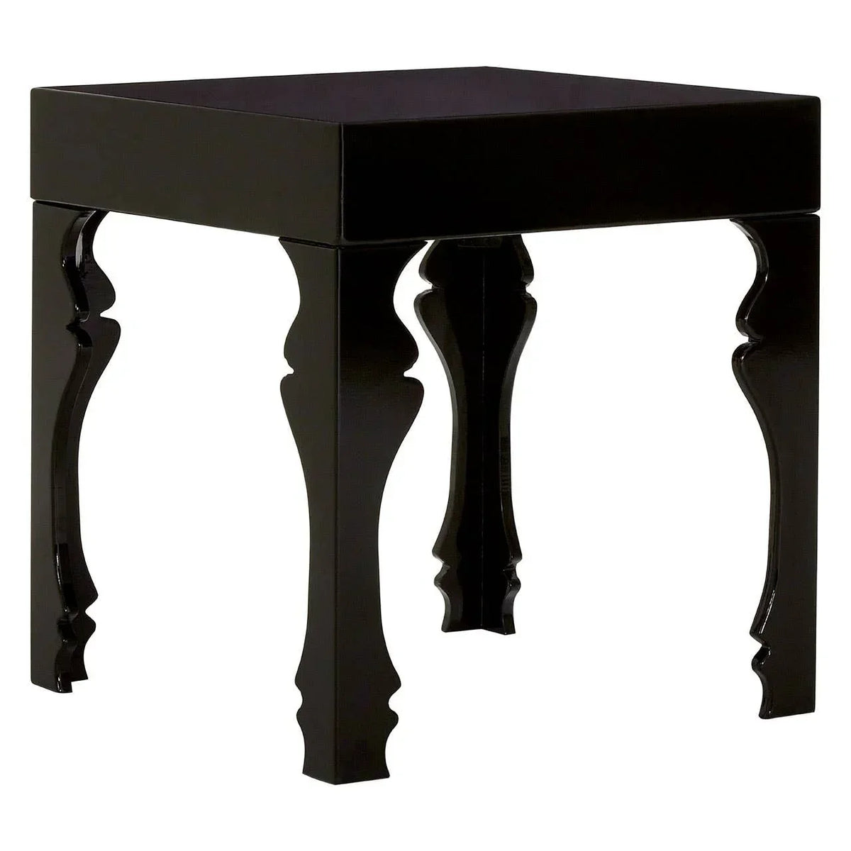 Black wooden side table with ornate curved legs and glossy finish