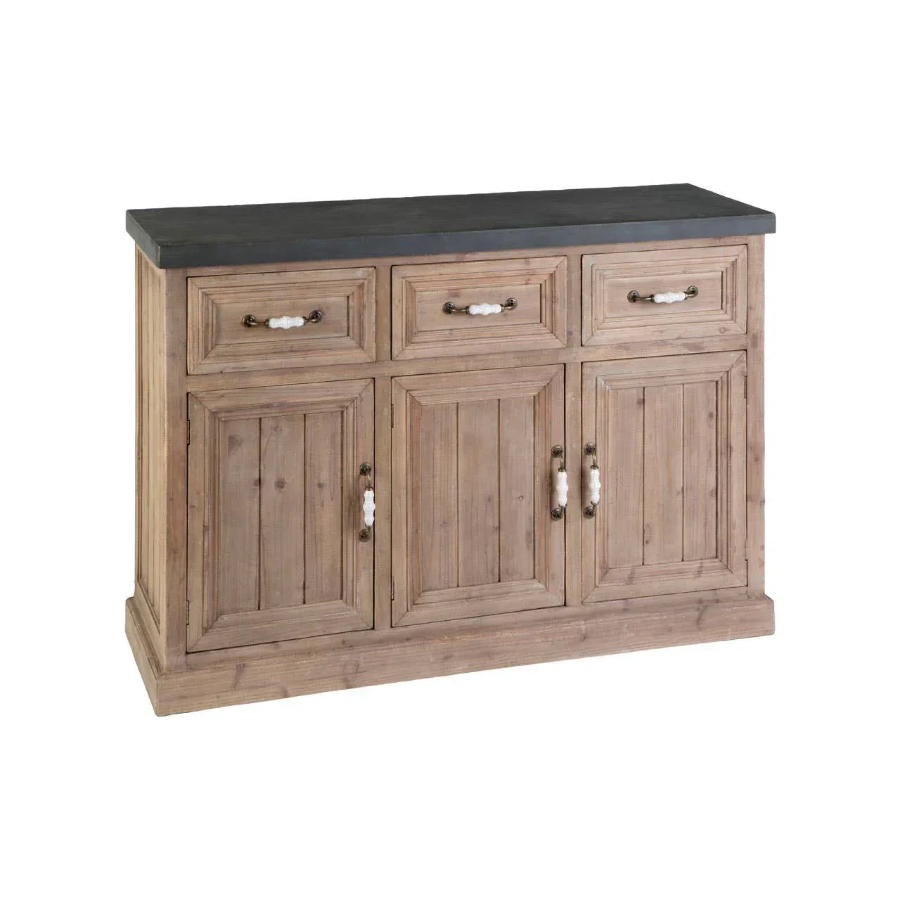 Wooden sideboard with black top, three drawers and four cabinet doors, white handles