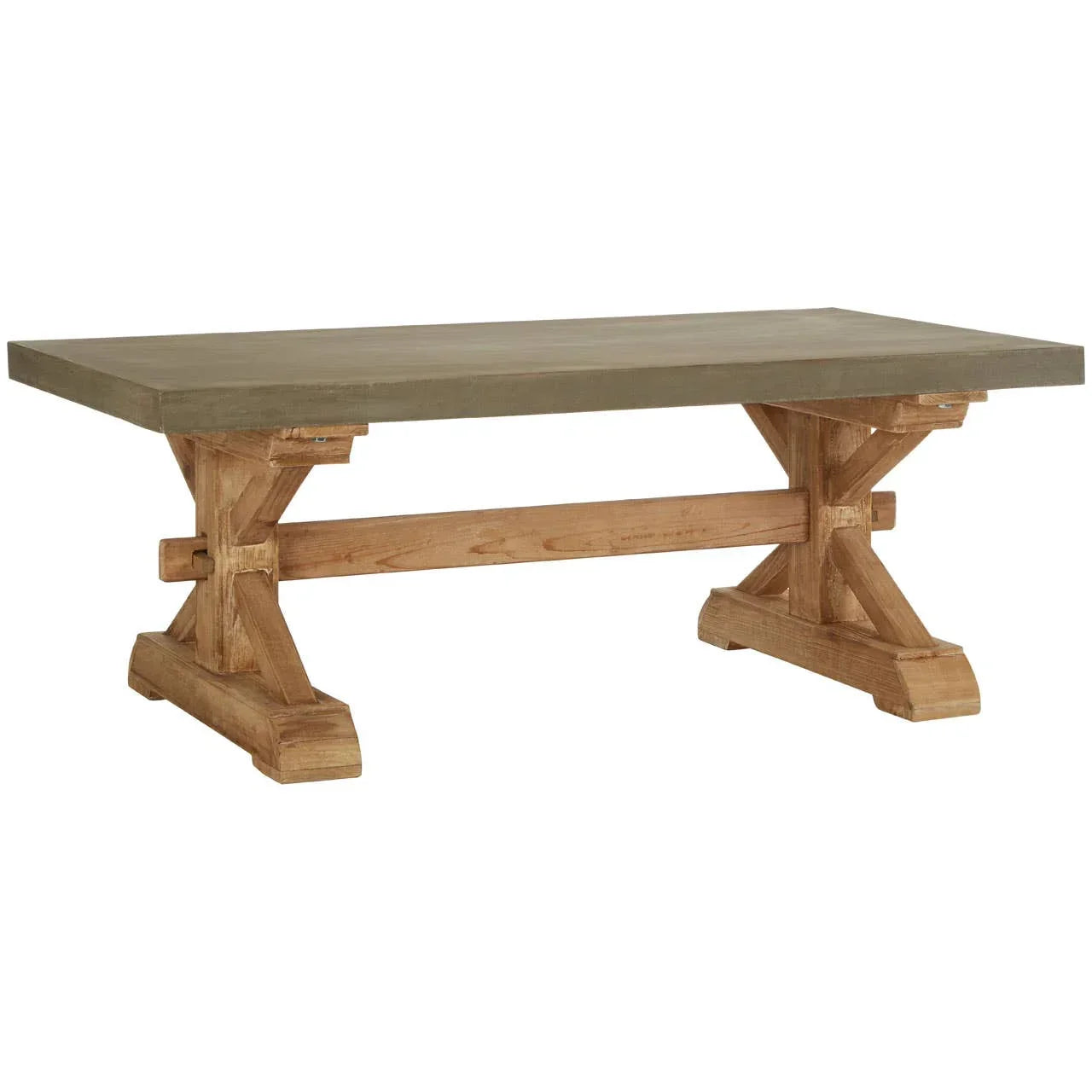 Rustic dining table with wooden trestle base and rectangular stone effect top