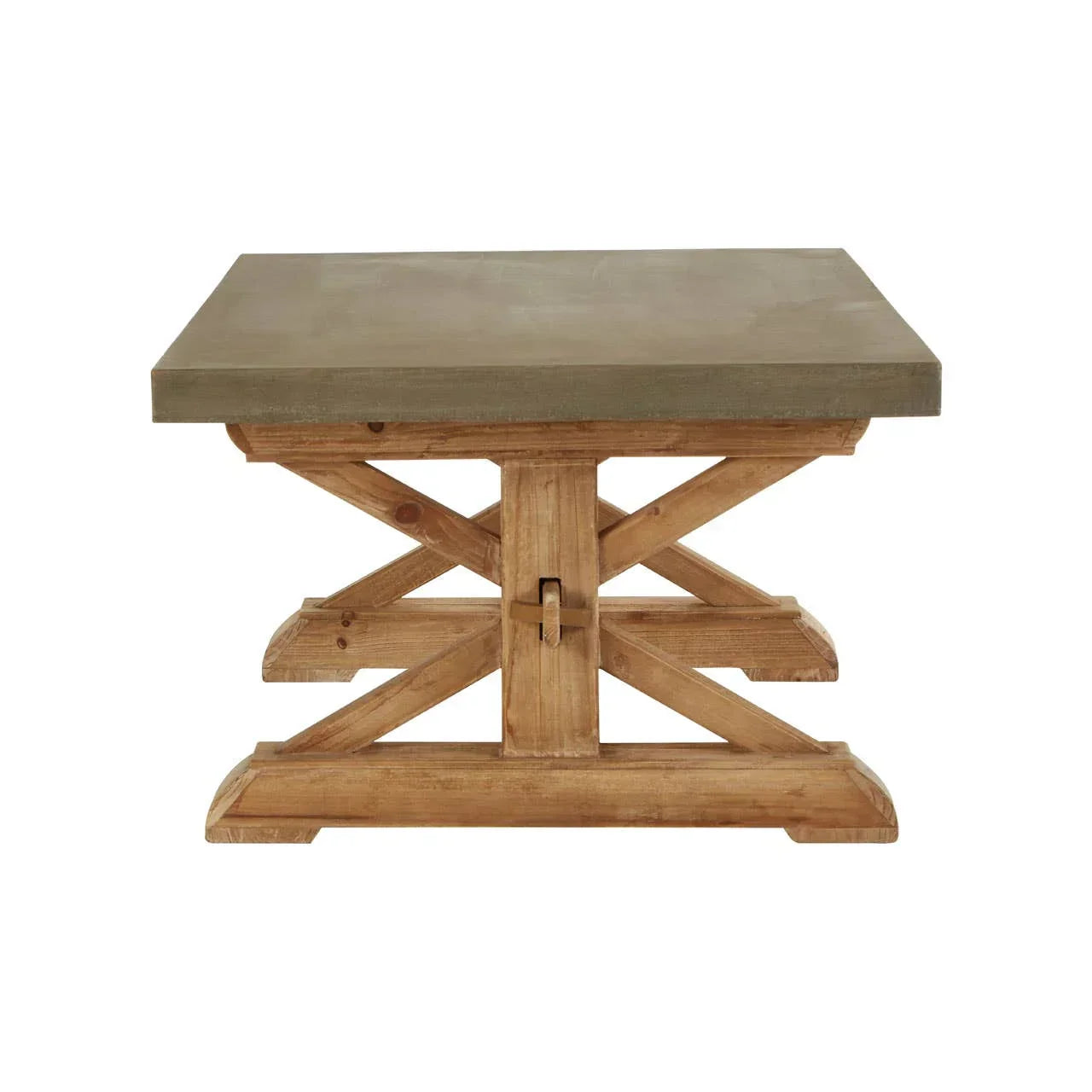 Rustic wooden dining table with thick grey top and X-frame base, front view