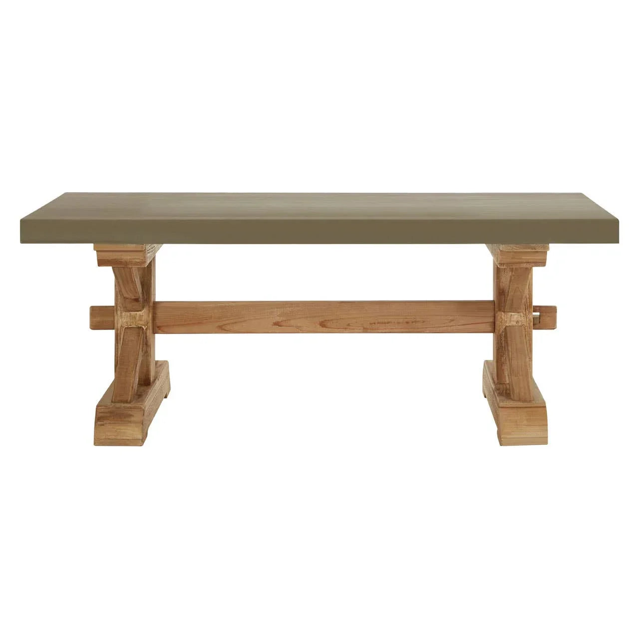 Olive green dining bench with solid wood base and rectangular top, front view