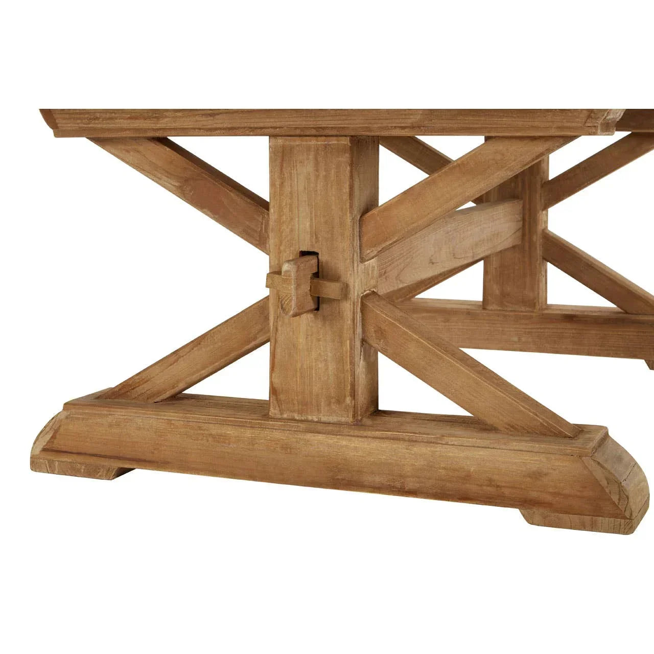 Solid wood dining table base with cross beam and rustic finish, close-up view