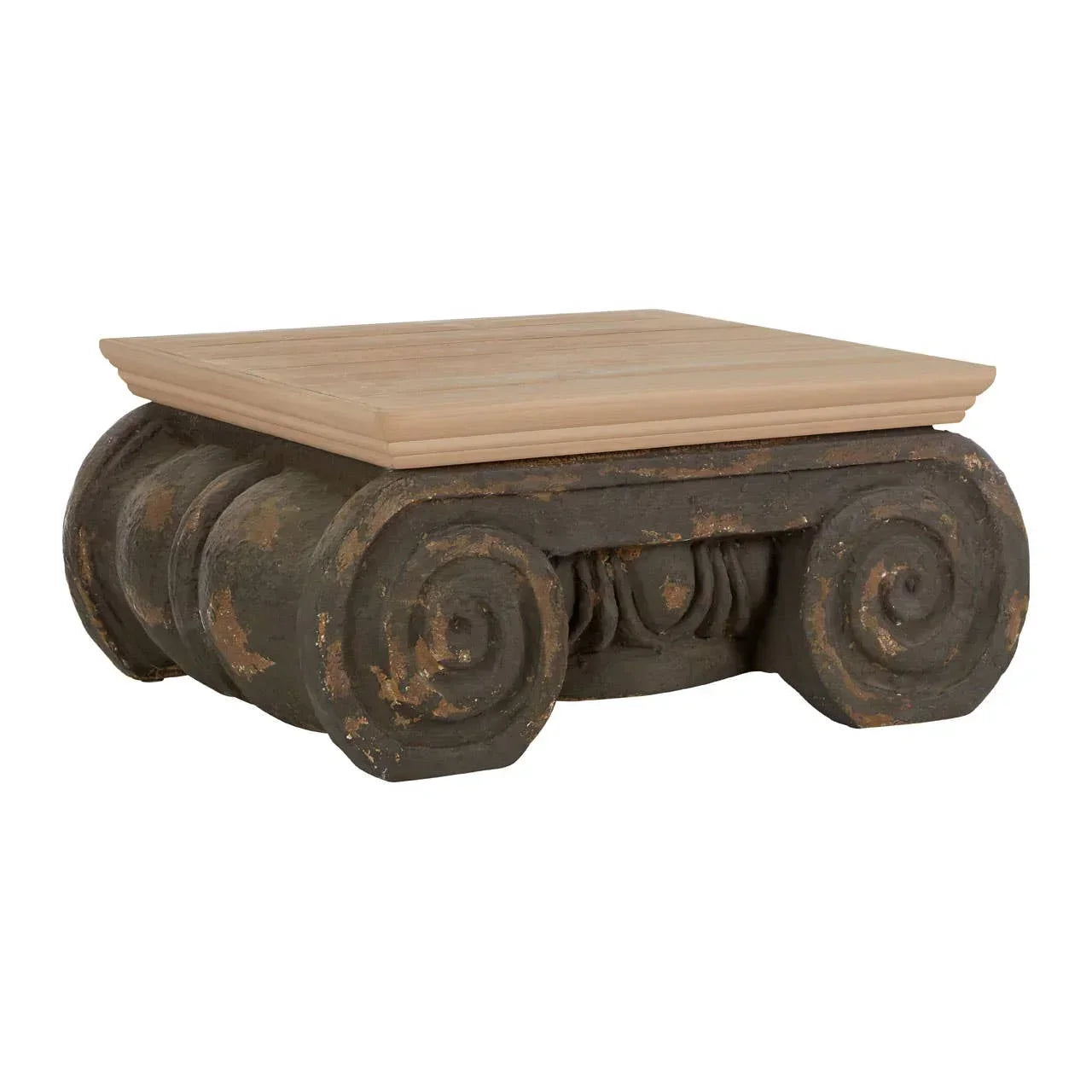 Rustic wooden coffee table with decorative scroll base and weathered finish, front angle