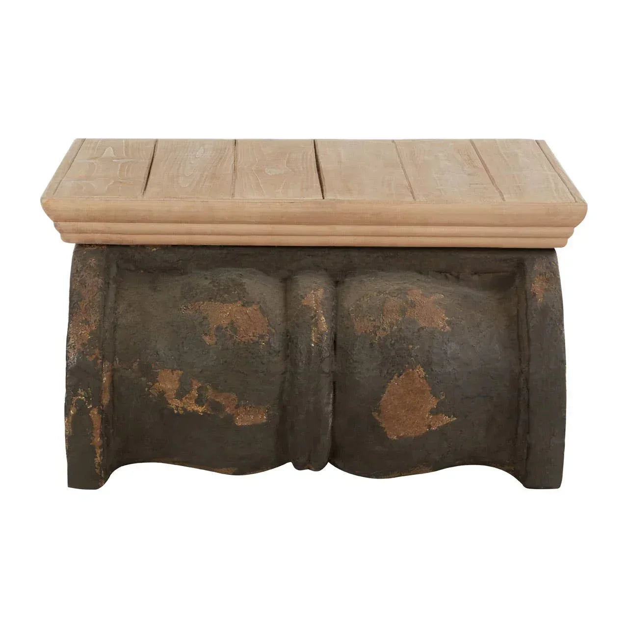 Rustic wood coffee table with a distressed dark base and light wooden plank top