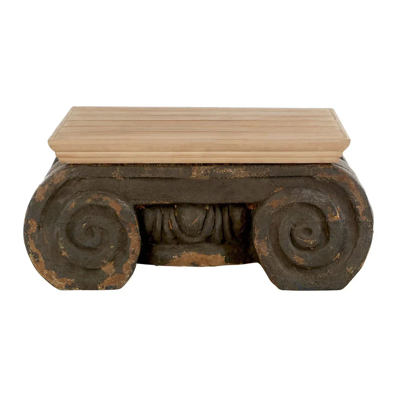 Carved wood coffee table with decorative scroll base and rectangular top