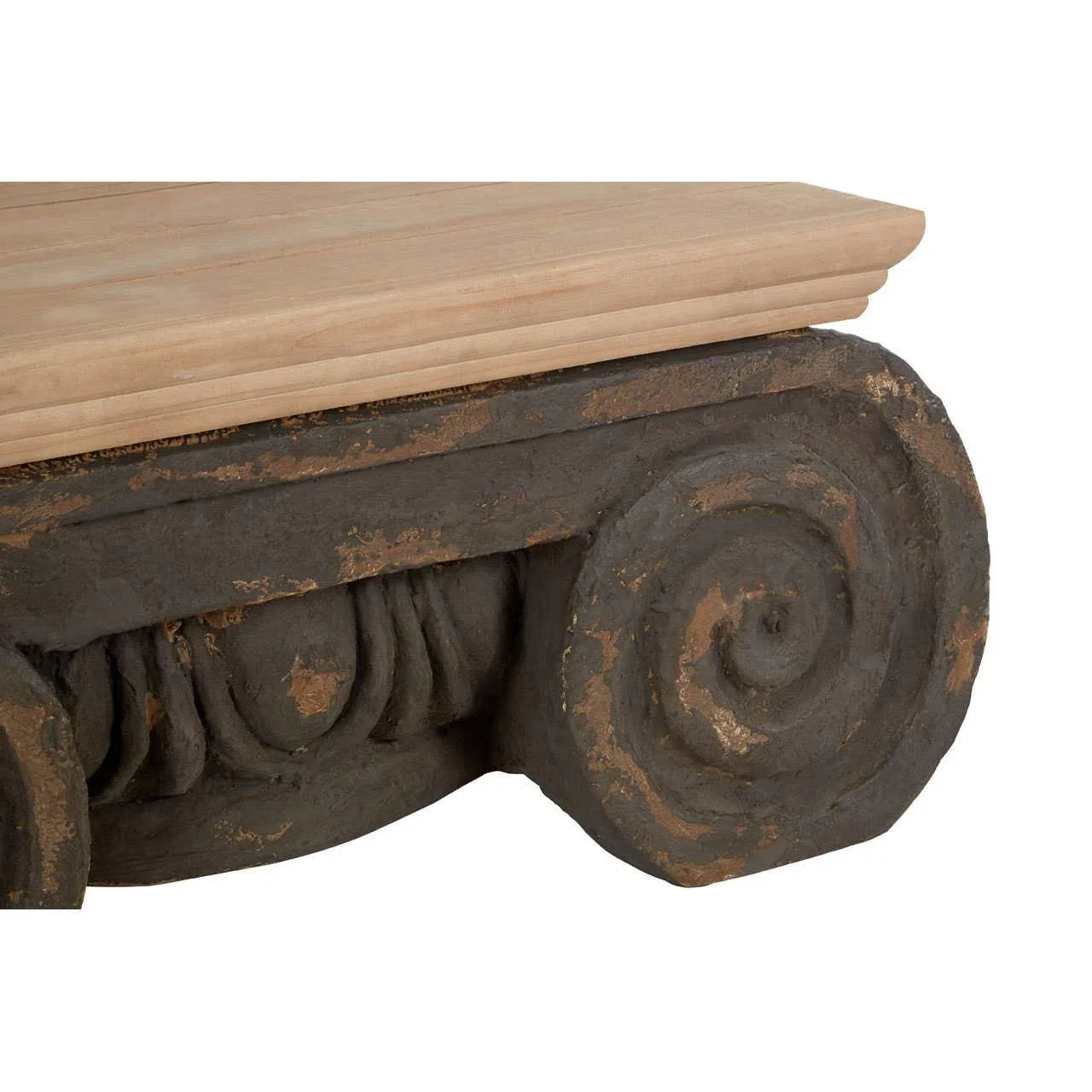 Distressed stone console table with scroll detailing and natural wood top, close-up view