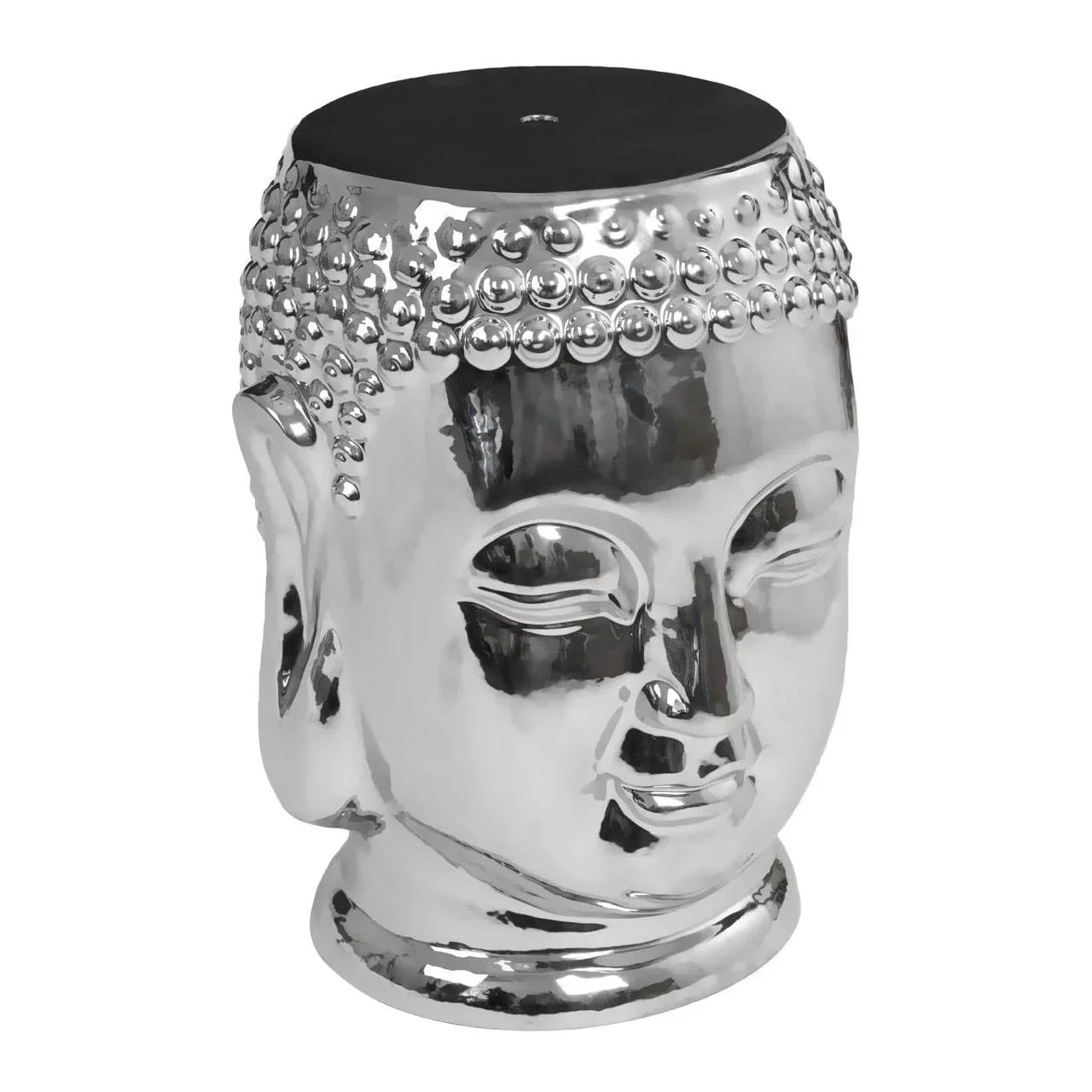 Silver ceramic Buddha head side table with glossy finish and black top