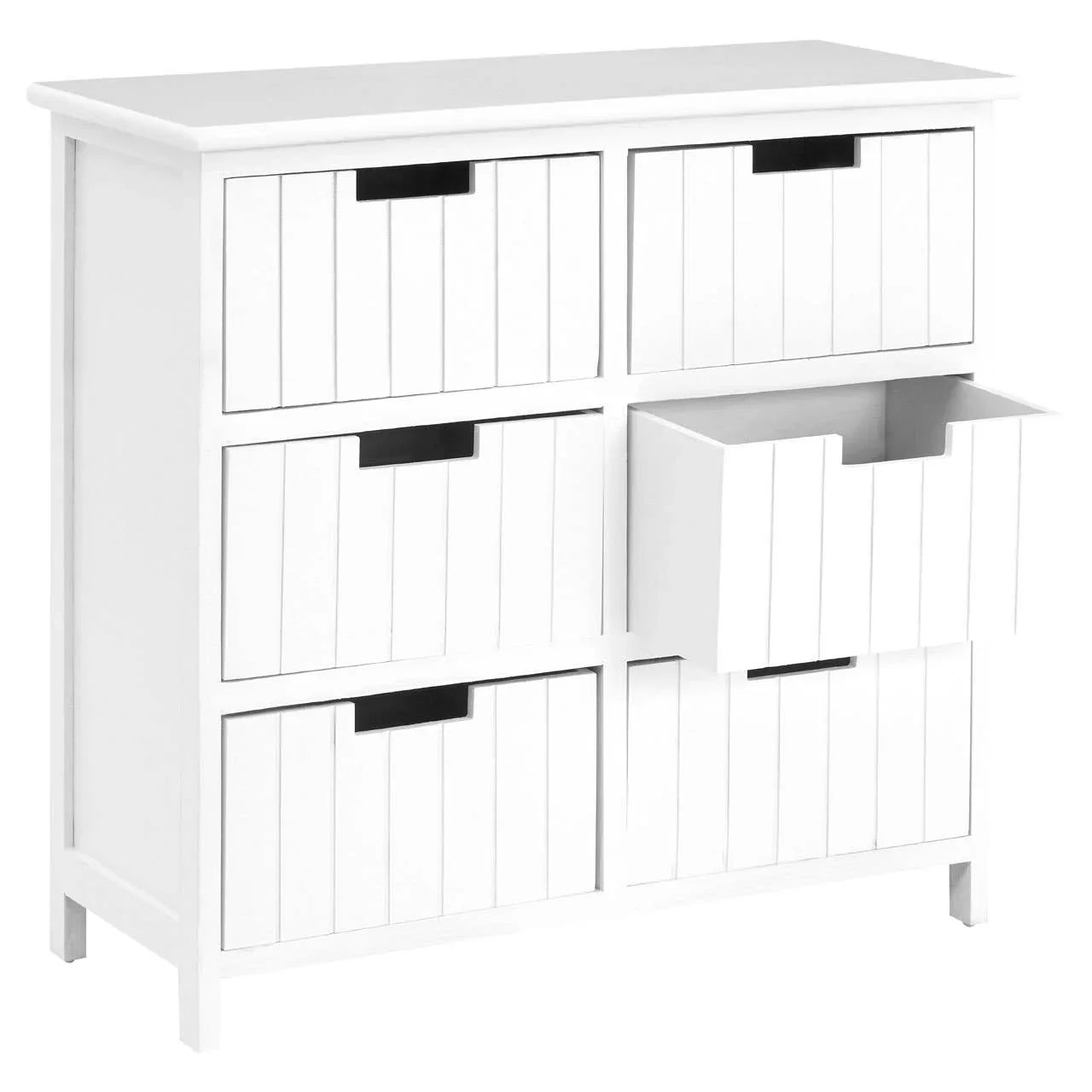 White wooden chest of drawers with six compartments, one middle drawer open