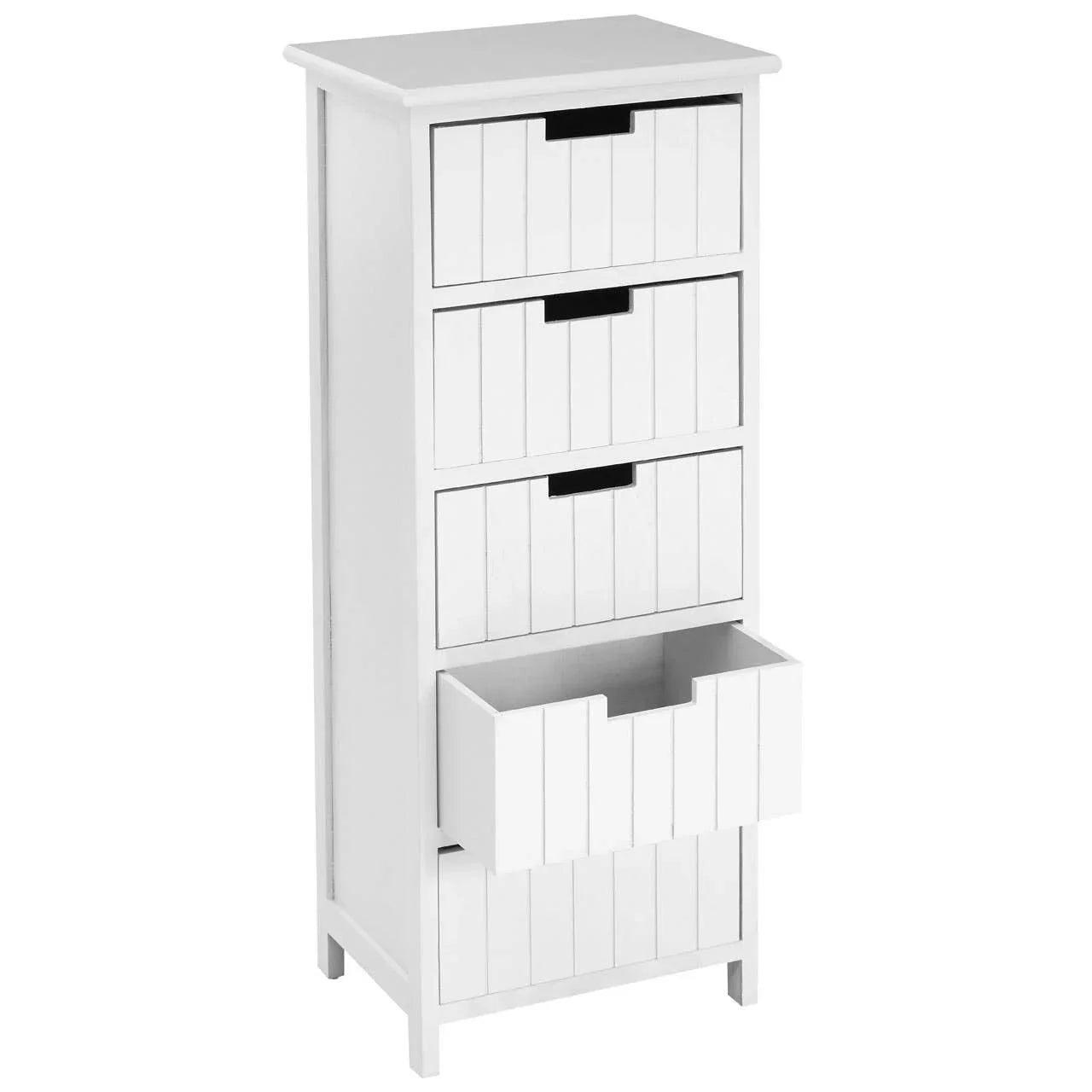 White wooden chest of drawers with four panelled drawers, one drawer pulled open