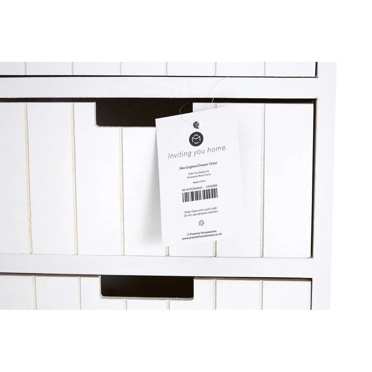 White New England drawer chest with modern inset handles and product tag close-up