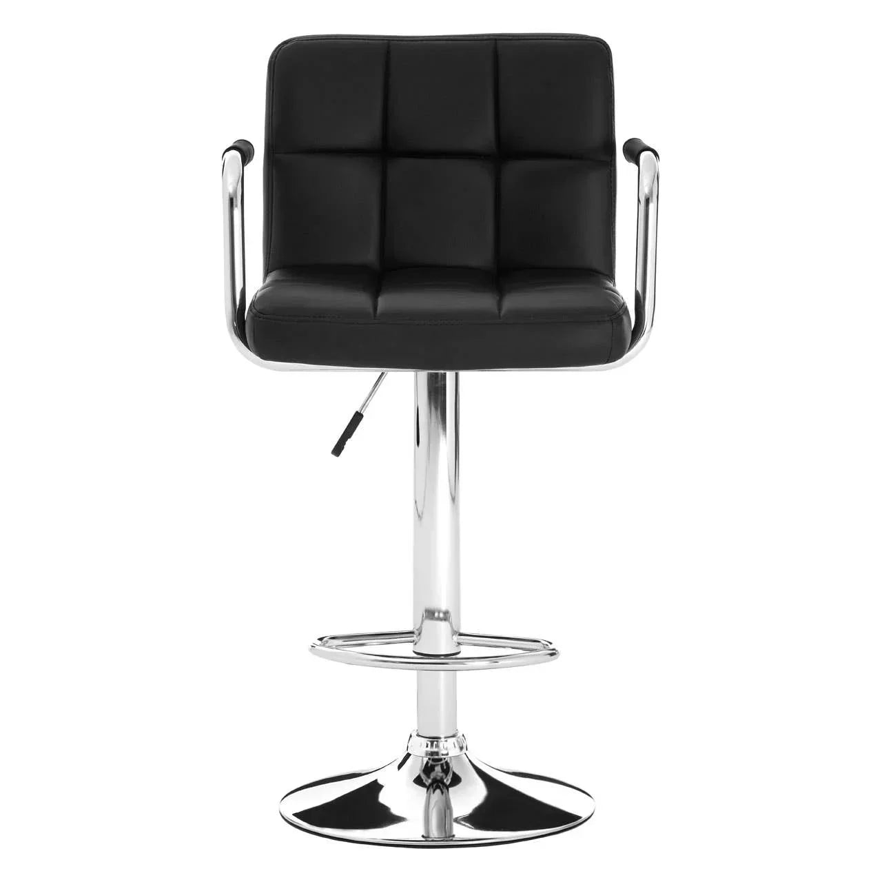 Black leather bar stool with chrome base and armrests, front view