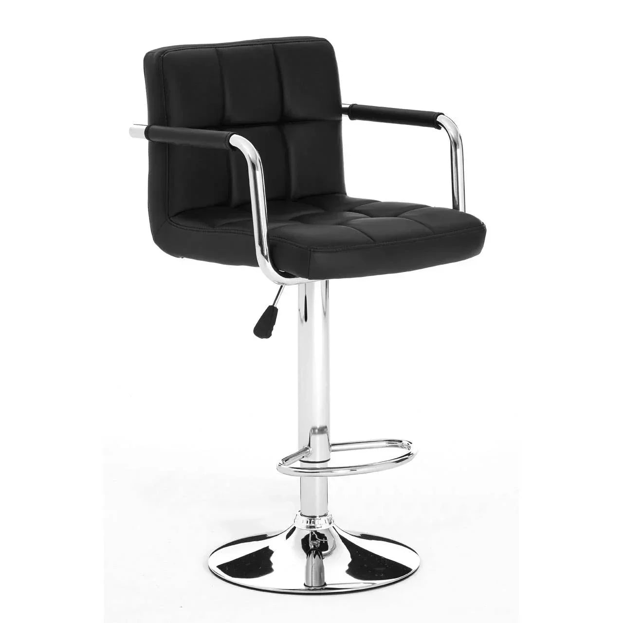 Black faux leather bar stool with chrome base, padded seat, armrests and footrest