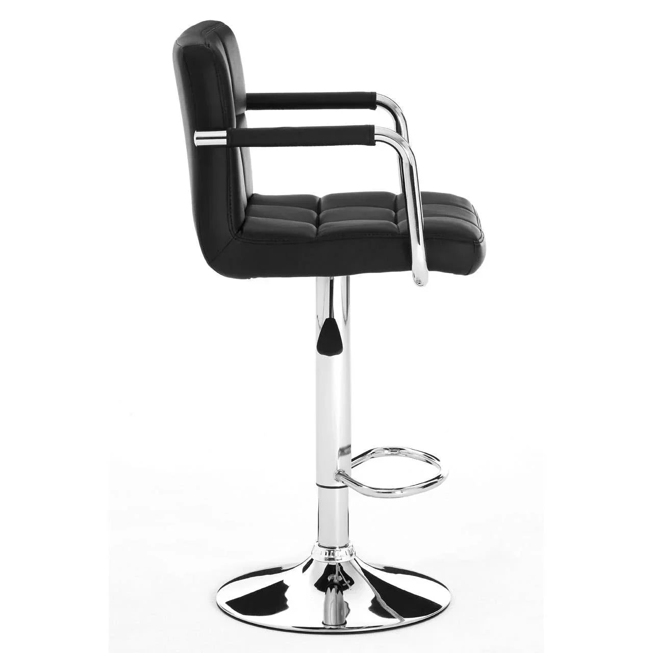 Black bar stool with chrome base, padded seat and armrests, side view