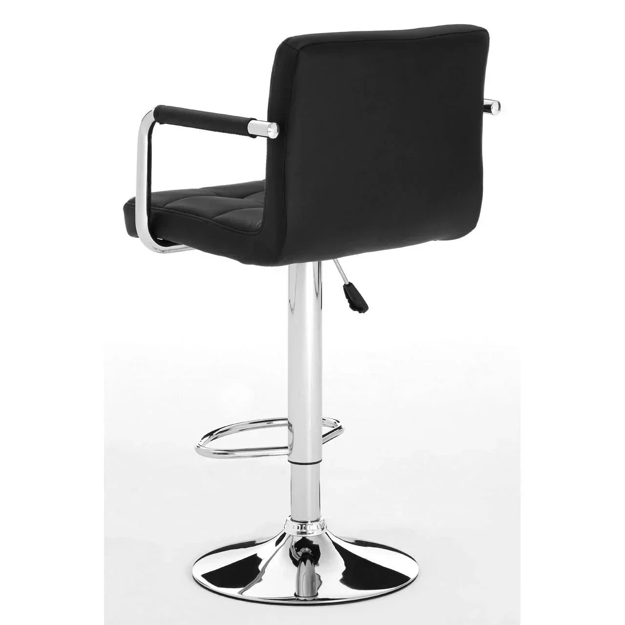 Black bar stool with padded seat, chrome base, armrests and footrest, back view