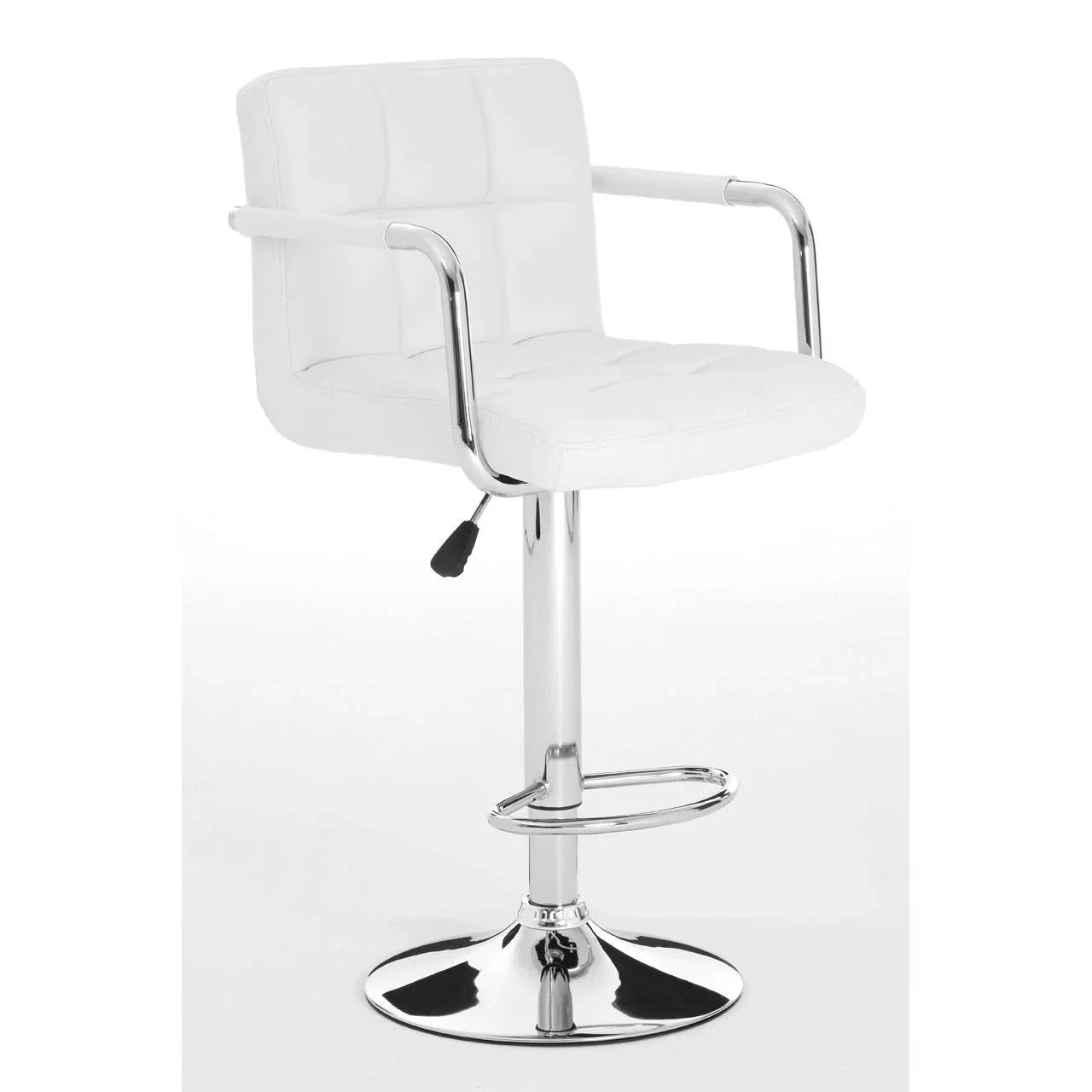 White faux leather bar stool with chrome base, armrests, and adjustable height lever